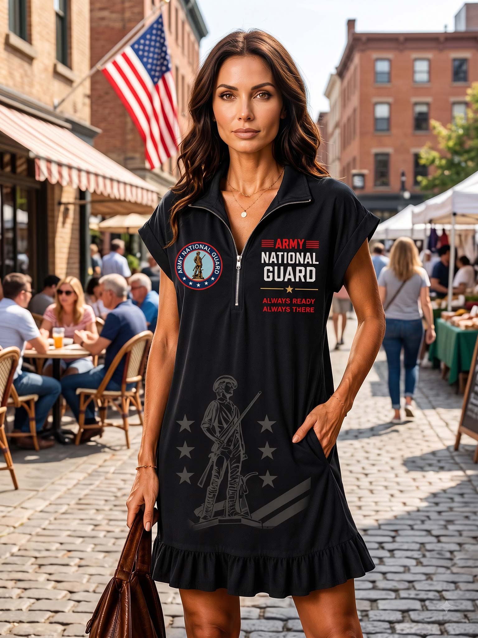 A woman stands on a cobblestone street in front of an outdoor cafe, wearing a black short-sleeve dress with a half-zip neckline and military-themed graphics including 'The Army National Guard' and a soldier illustration.