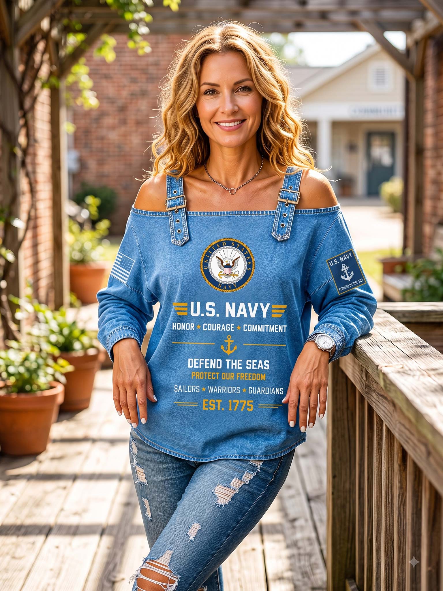 A woman wearing a blue U.S.