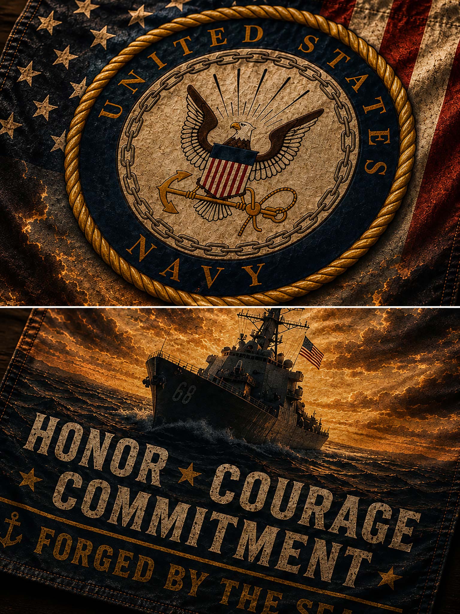 A close-up of a dark navy fabric featuring a circular United States Navy emblem and distressed text reading 'HONOR COURAGE COMMITMENT' with 'FORGED BY THE SEA' below, set against an American flag and ocean scene.
