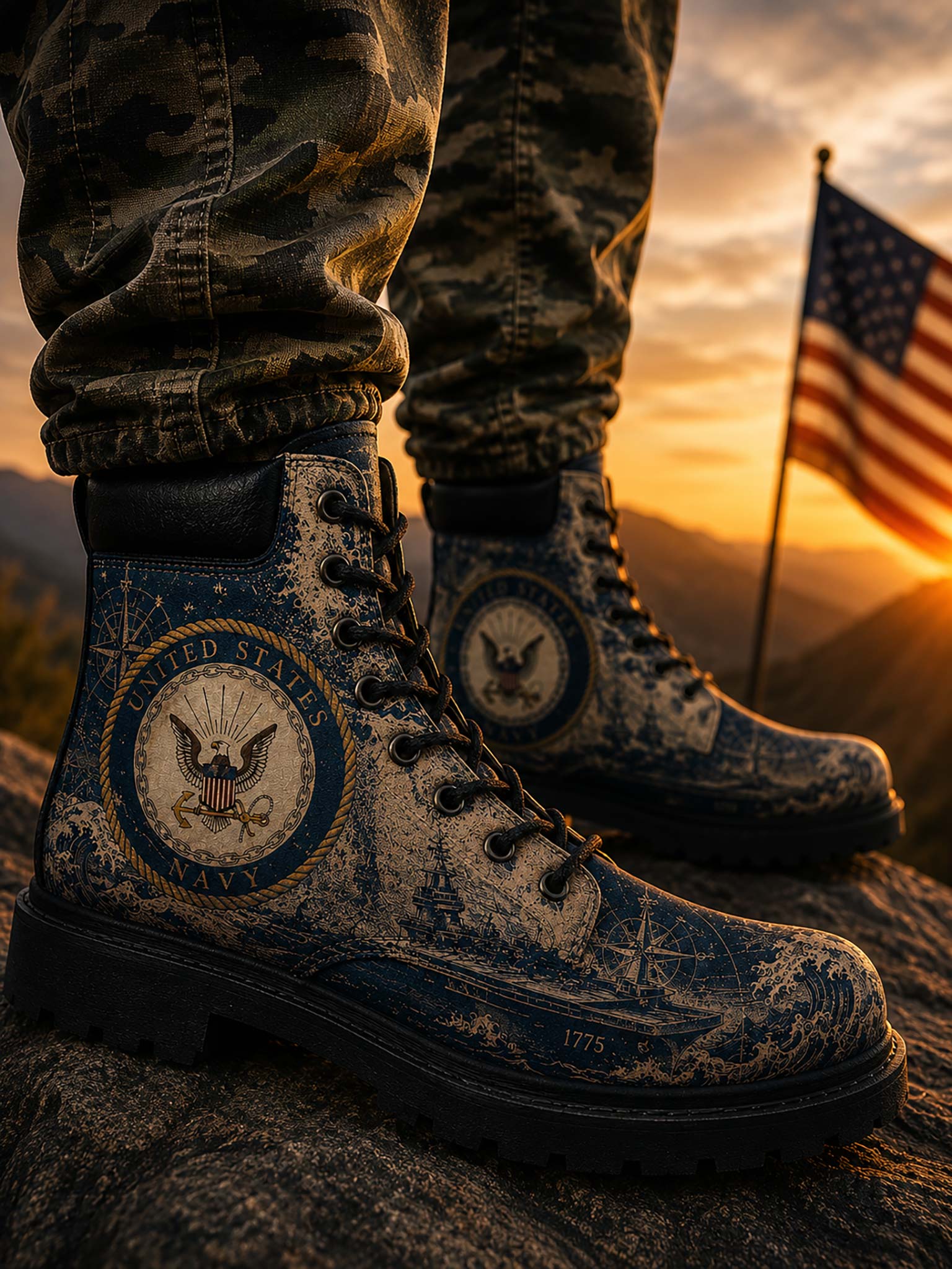 A close-up lifestyle shot of a person wearing camouflage pants and blue U.S.