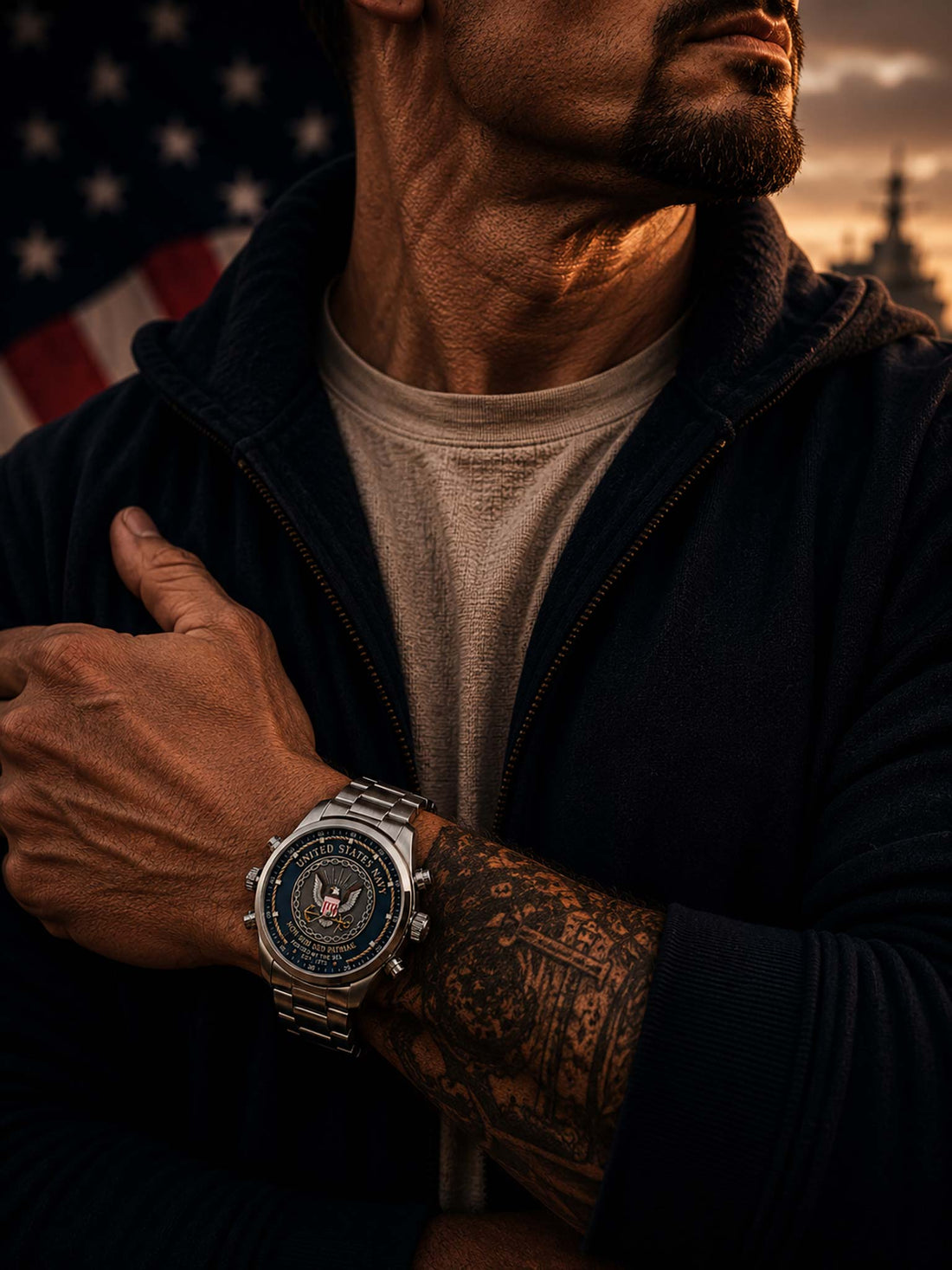 A stainless steel wristwatch with a blue dial featuring the United States Navy emblem, gold lettering, and a rope motif, shown against a blurred American flag and wooden surface background.