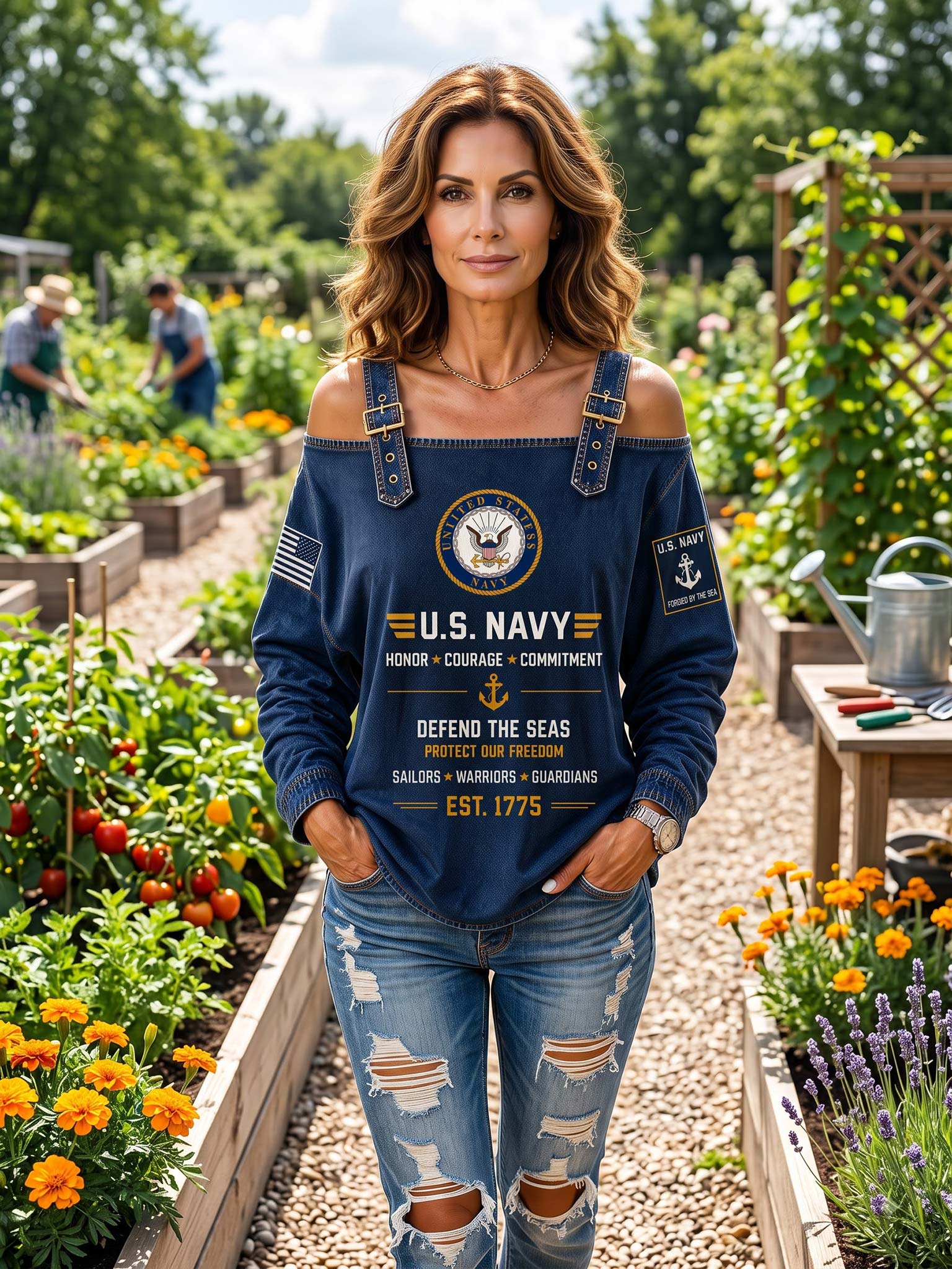 A woman stands in a garden wearing a navy blue off-the-shoulder long-sleeve top with a U.S.