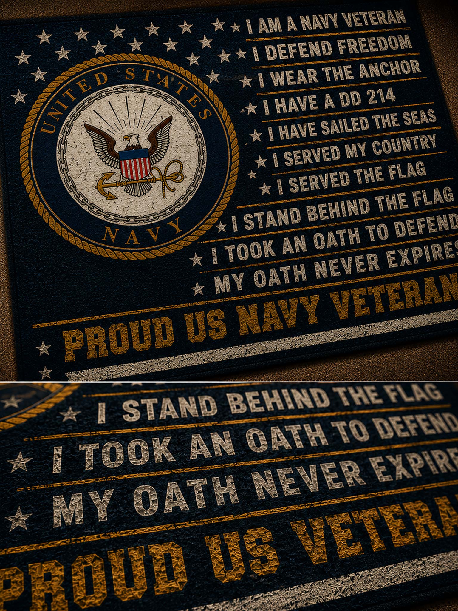 A close-up of a navy blue patriotic sign or plaque featuring the United States Navy emblem, stars, and text reading 'I AM A NAVY VETERAN' and 'PROUD US NAVY VETERAN.'.