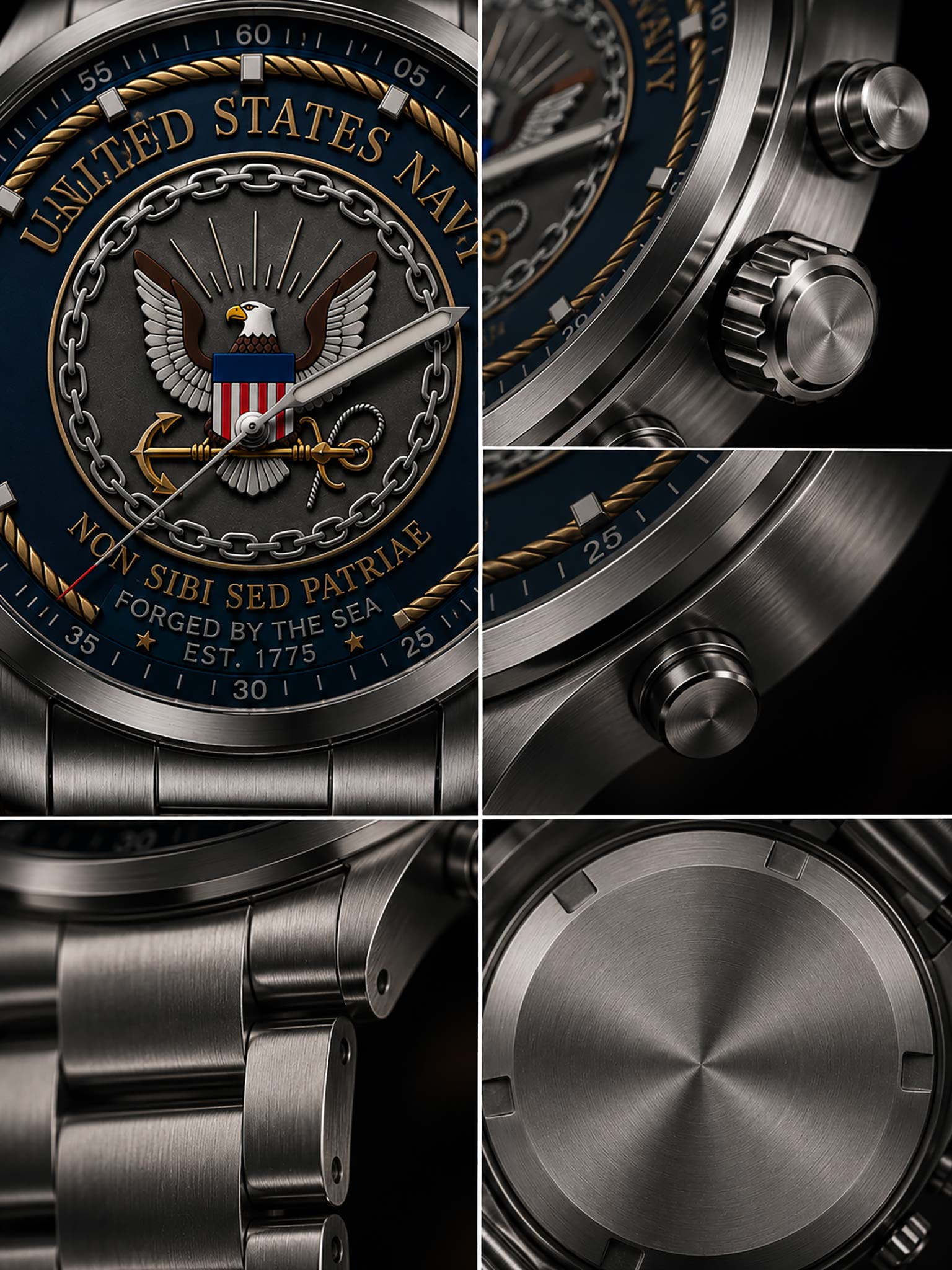 Close-up collage of a stainless steel watch with a dark blue dial featuring the United States Navy emblem, rope details, and a metal bracelet.