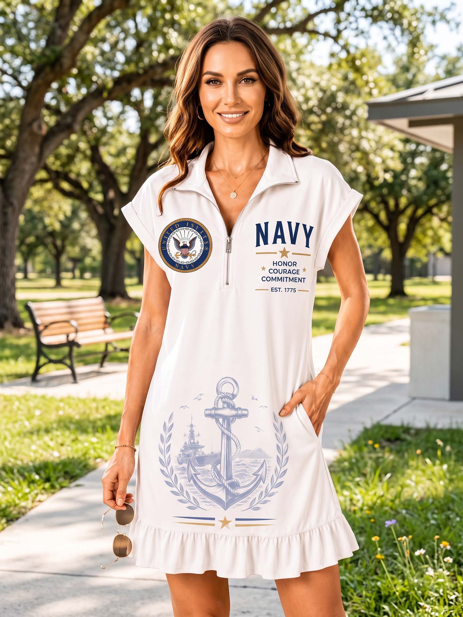 A woman wearing a white short-sleeve polo dress with navy blue graphics, including a US Navy emblem and an anchor design, standing outdoors in a park setting.