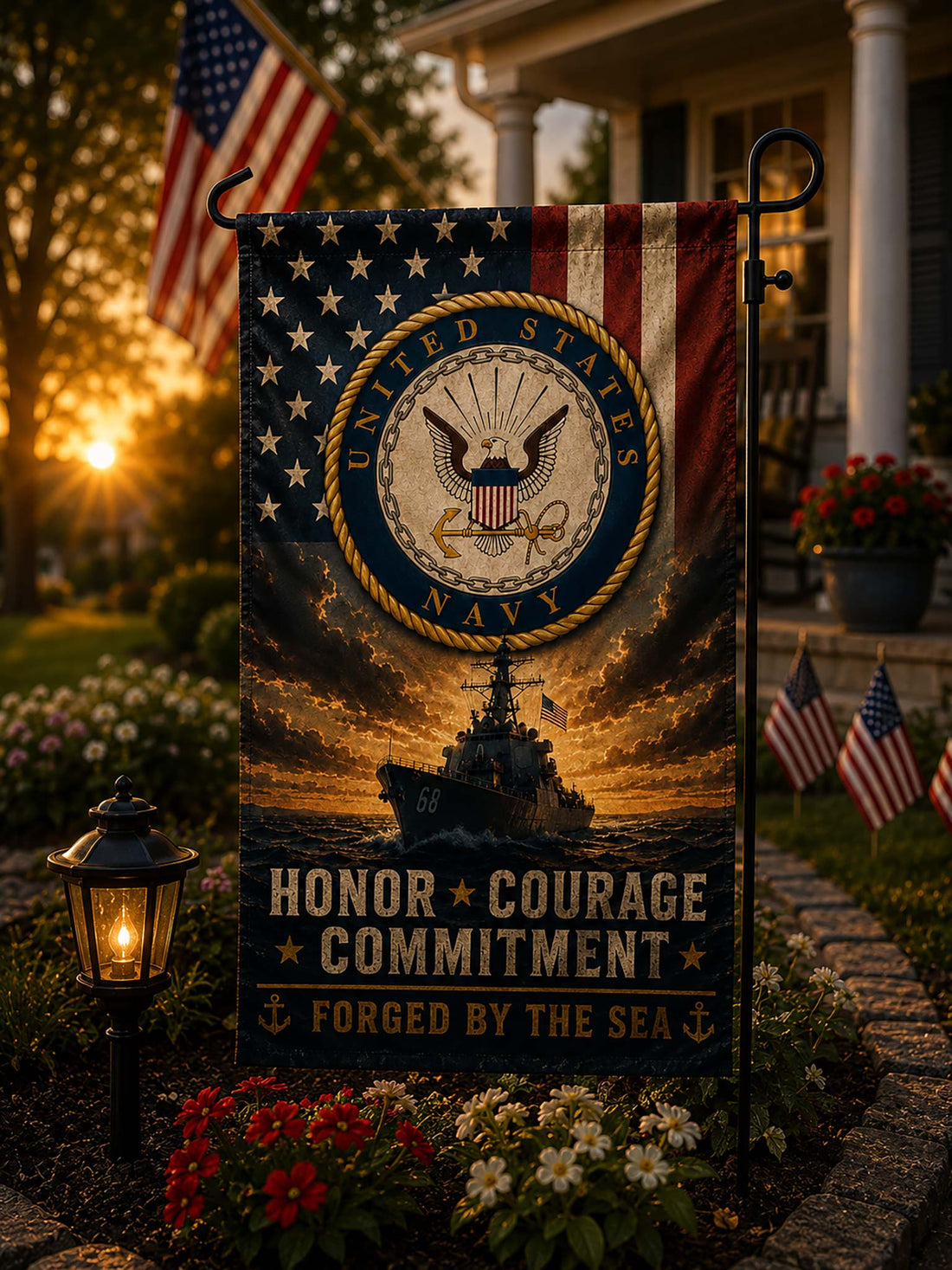 A vertical garden flag displayed on a black metal stand in a grassy outdoor setting. The flag features a distressed United States Navy emblem over an American flag, with a navy warship sailing under a dramatic sunset sky.