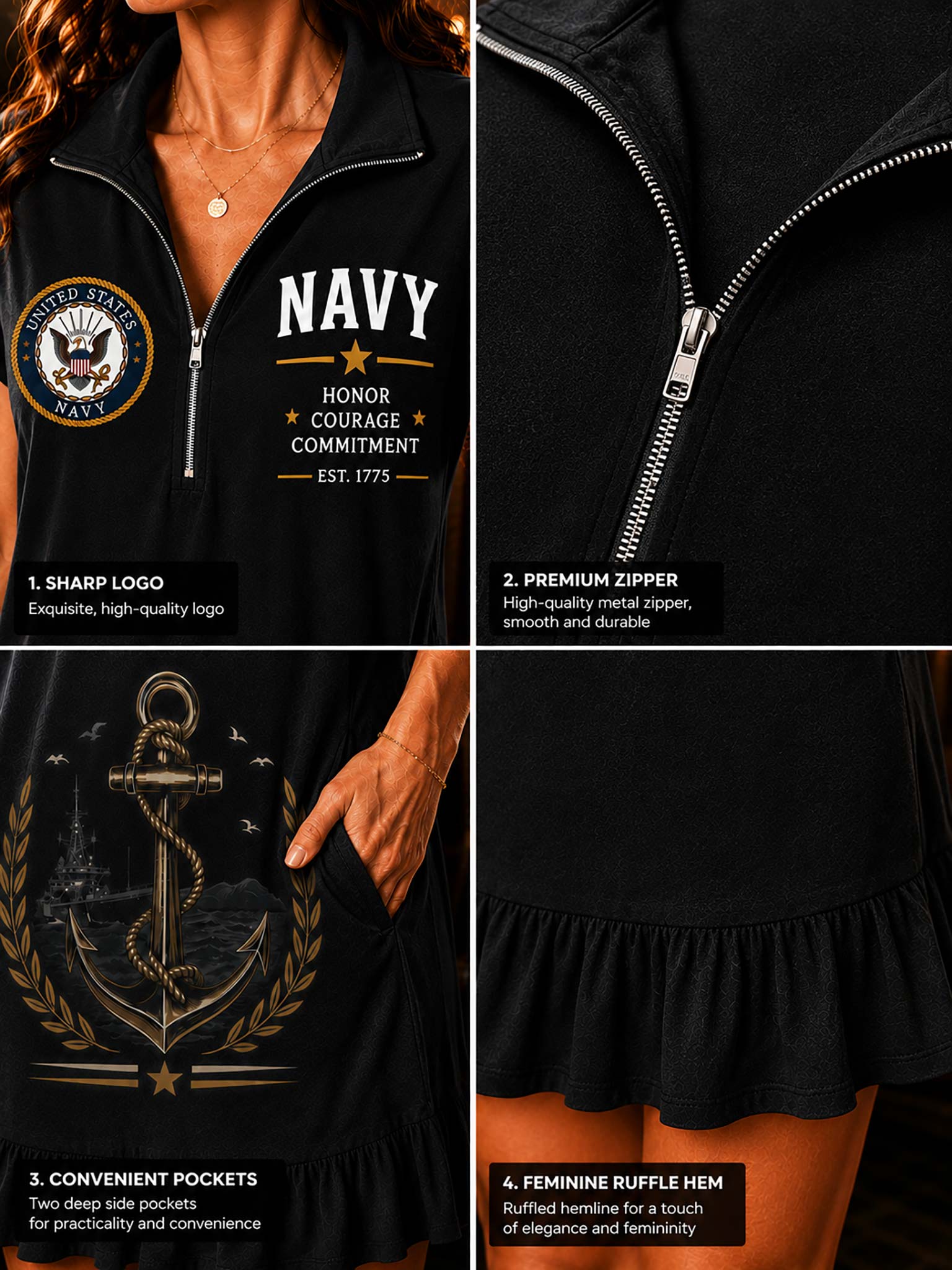 A four-panel product feature collage of a black women's zip-front top or dress. The panels show close-ups of the front design: a white and gold 'NAVY' emblem with stars, a U.