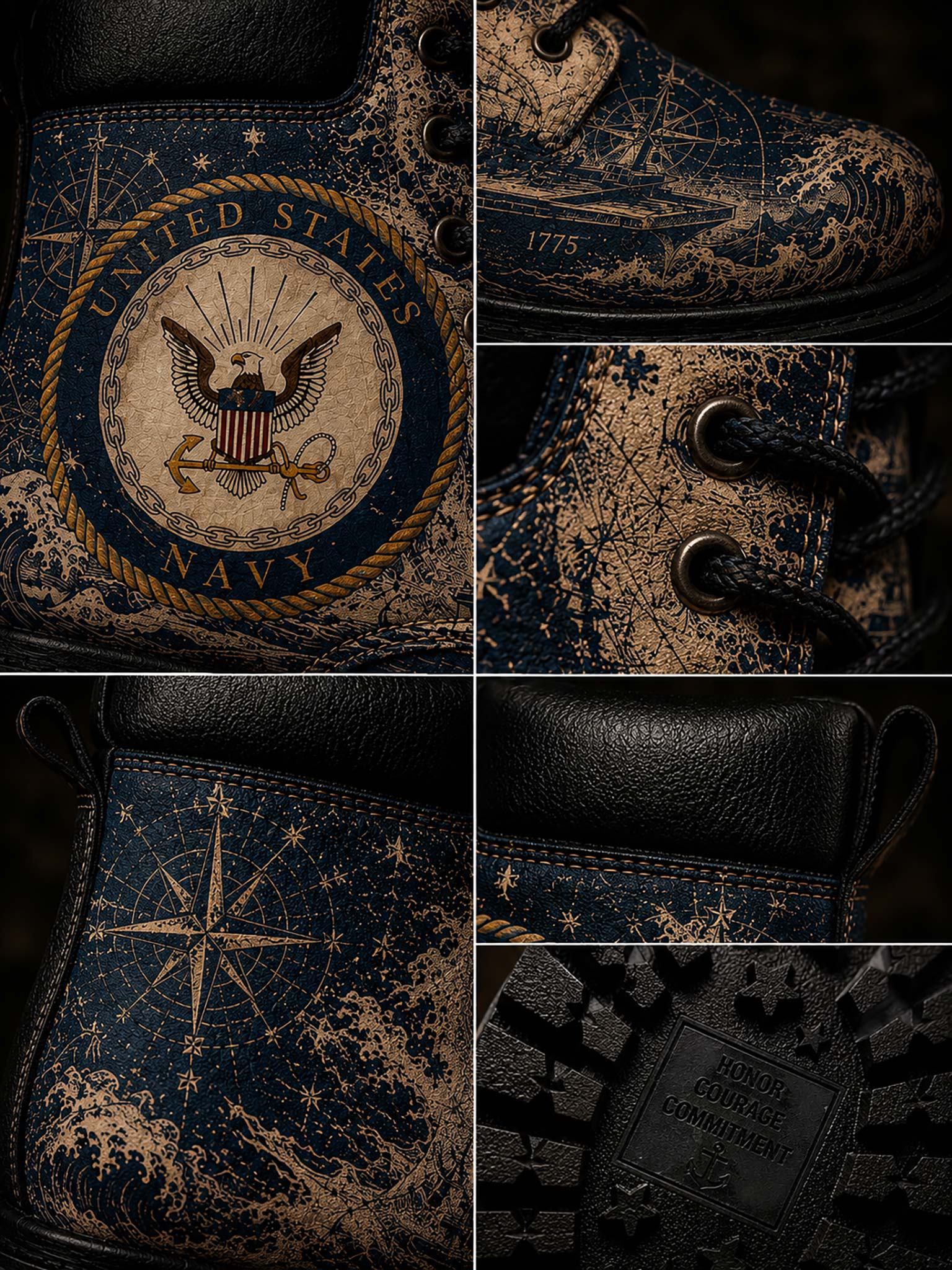 A six-panel collage showing close-up details of a dark navy boot with distressed tan graphics. The panels include a large United States Navy emblem on the side, the toe area with nautical wave artwork and '1775' text, lace details, a compass rose graphic, a black rubber sole, and a small embossed brand patch reading 'Pioneer American Footwear'.