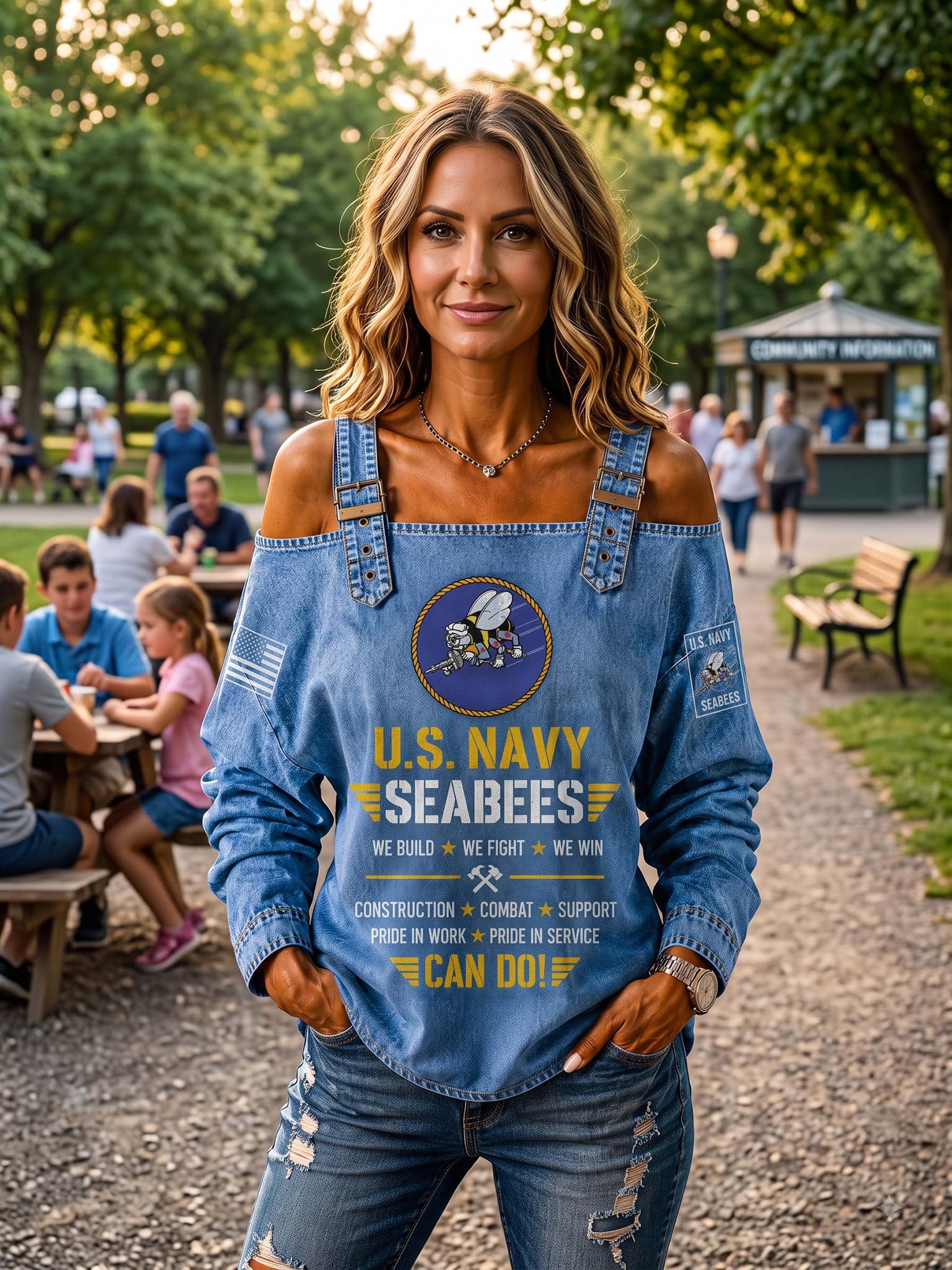 A woman stands in a park wearing a blue off-the-shoulder long-sleeve top with a distressed U.S.