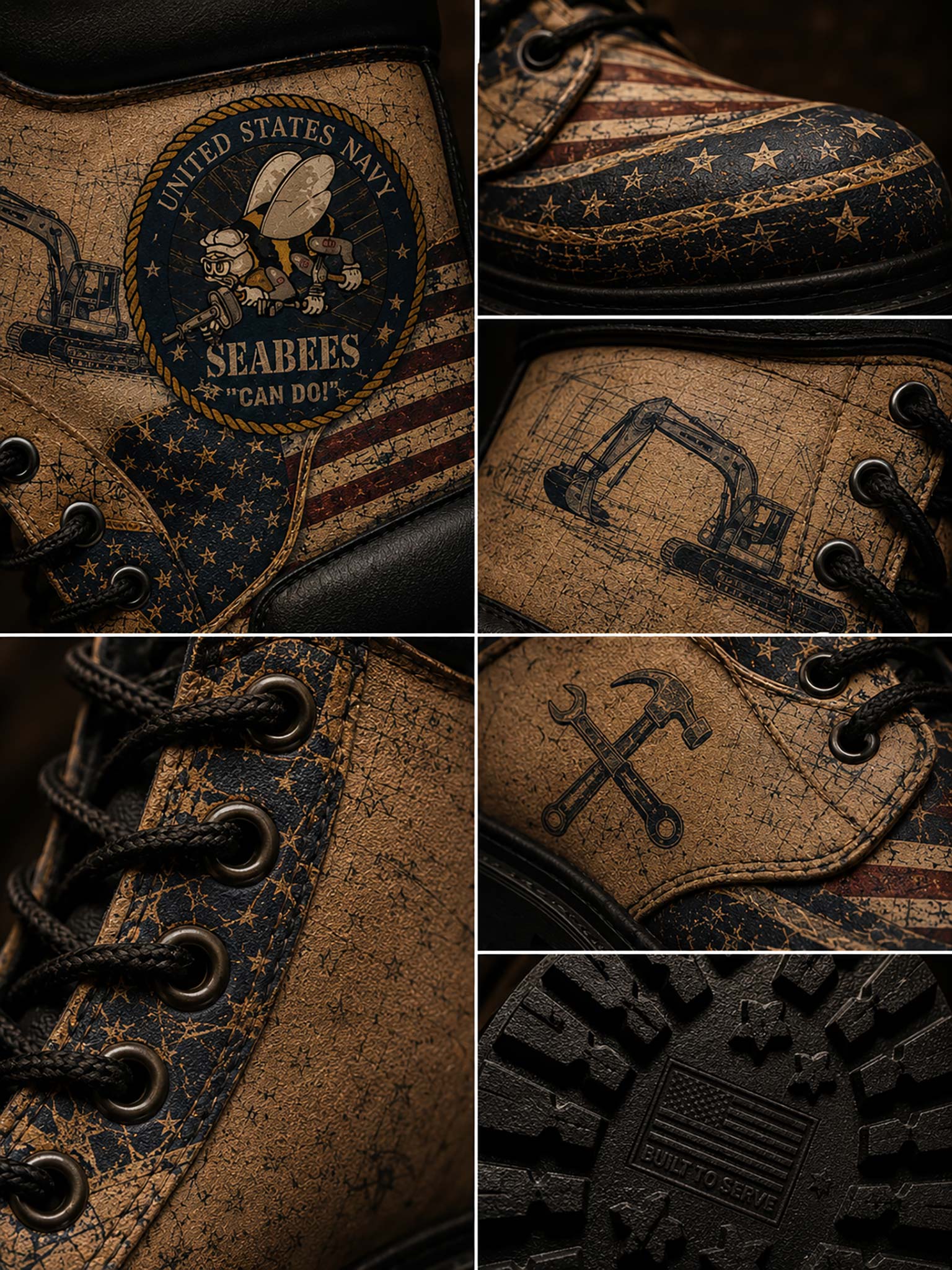 A six-panel close-up collage of a single boot, showing the United States Navy Seabees patch, distressed American flag and star pattern, dark laces, a construction tool graphic, and a black treaded sole with a Seabees emblem.