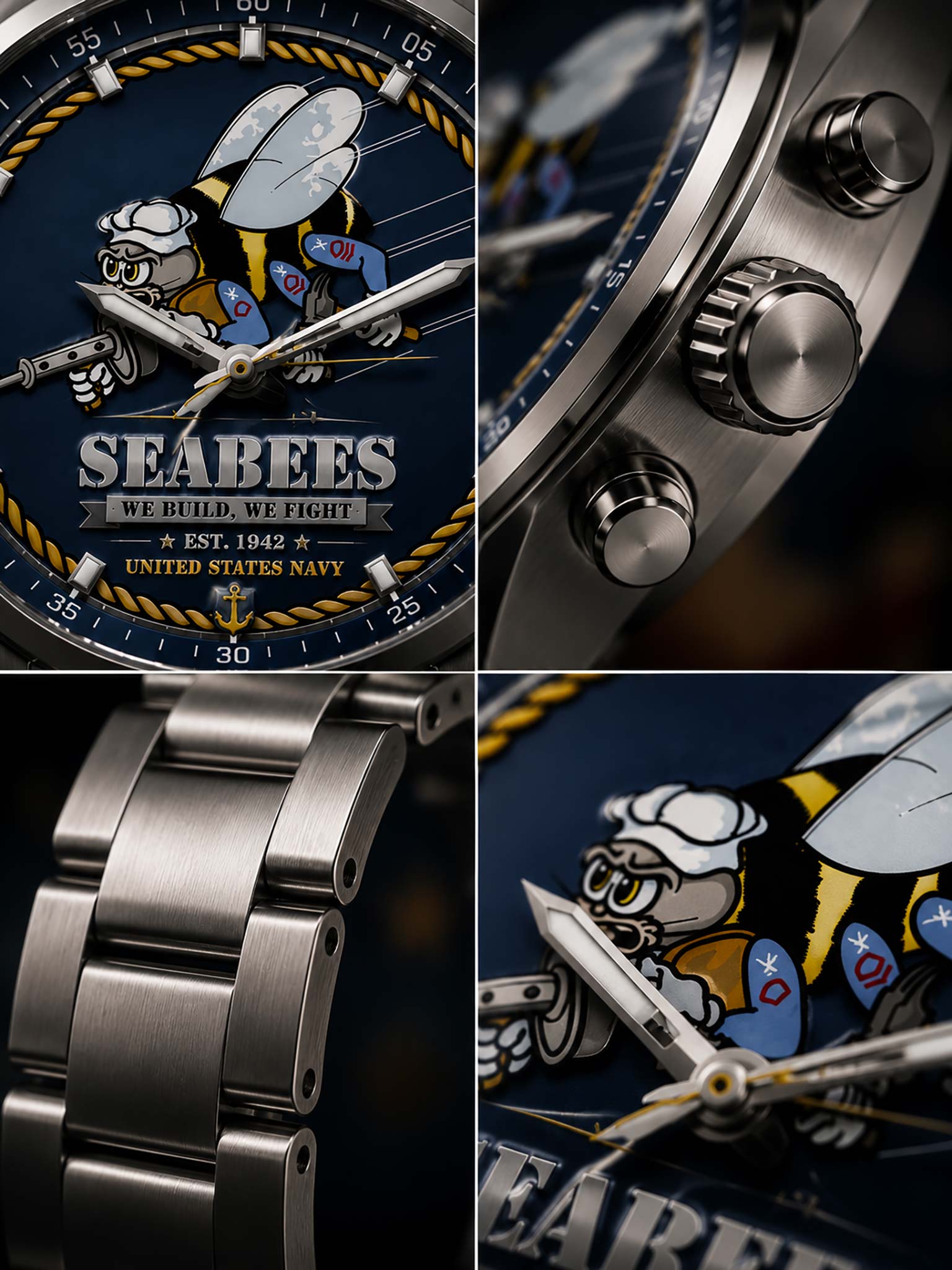 A close-up collage of a Seabees stainless steel watch, showing the detailed navy blue dial with a cartoon bee mascot, the side profile with three pushers, the metal bracelet, and another angle of the dial.