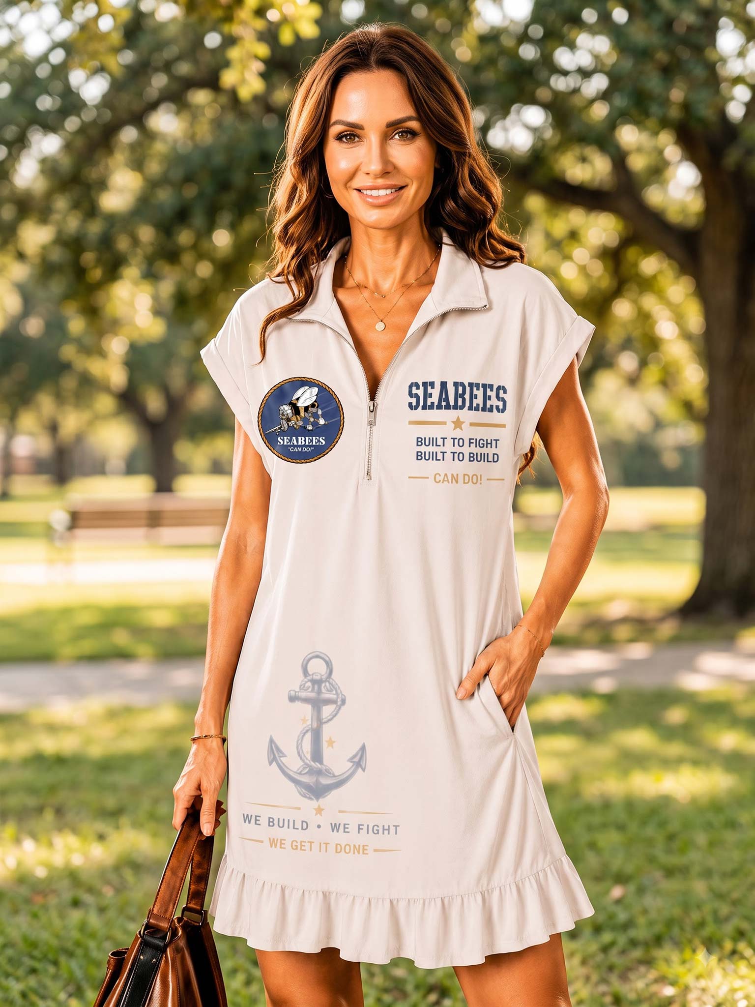A woman wearing a short-sleeve, half-zip Seabees-themed dress in a sunny park setting. The dress is off-white with navy blue and tan graphics, including 'SEABEES BUILT TO BEND CAN DO', an anchor, and a circular patch.