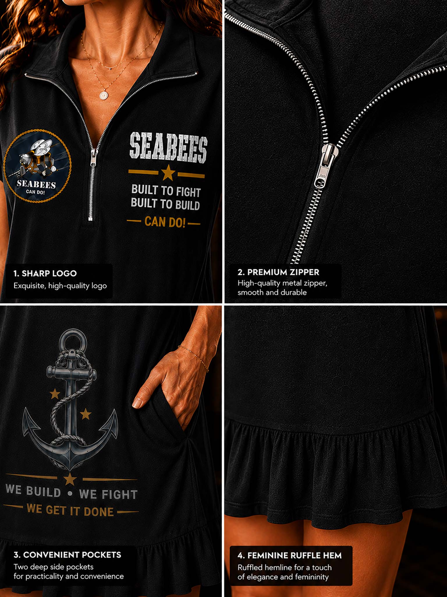 A black women's zip-front top shown in a four-panel detail collage. The top features a white and gold Seabees logo on the chest, a large anchor graphic with Seabees text on the front pocket, a premium metal zipper, and a ruffled hem.