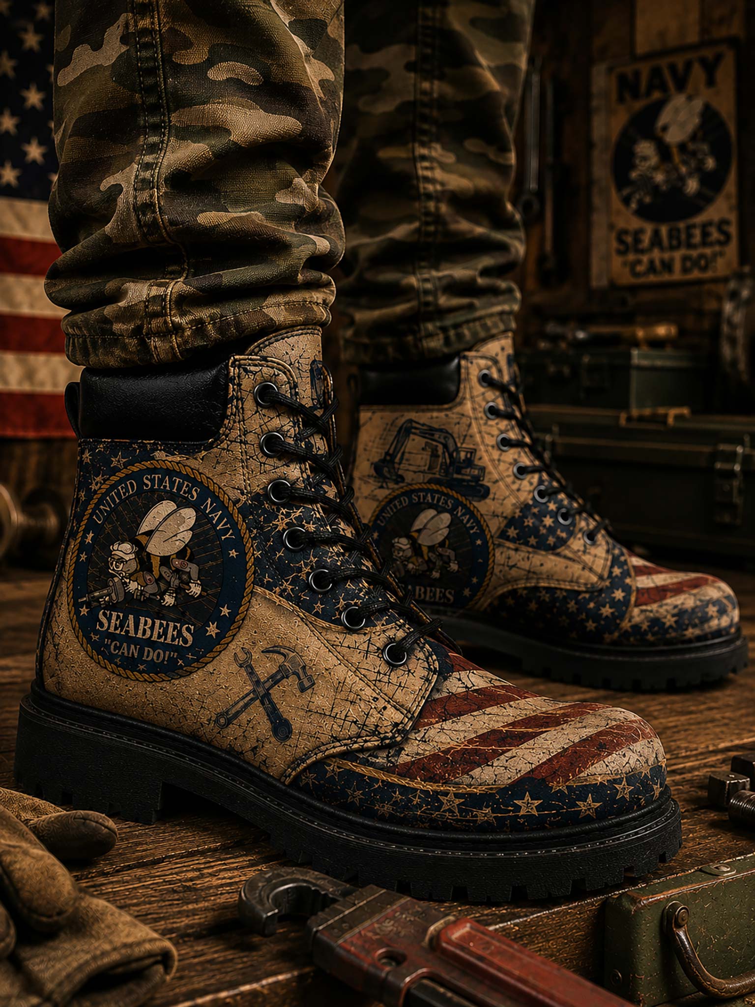 A pair of distressed military-style combat boots with a patriotic US Navy Seabees design, worn with camouflage pants on a rustic wooden workbench.