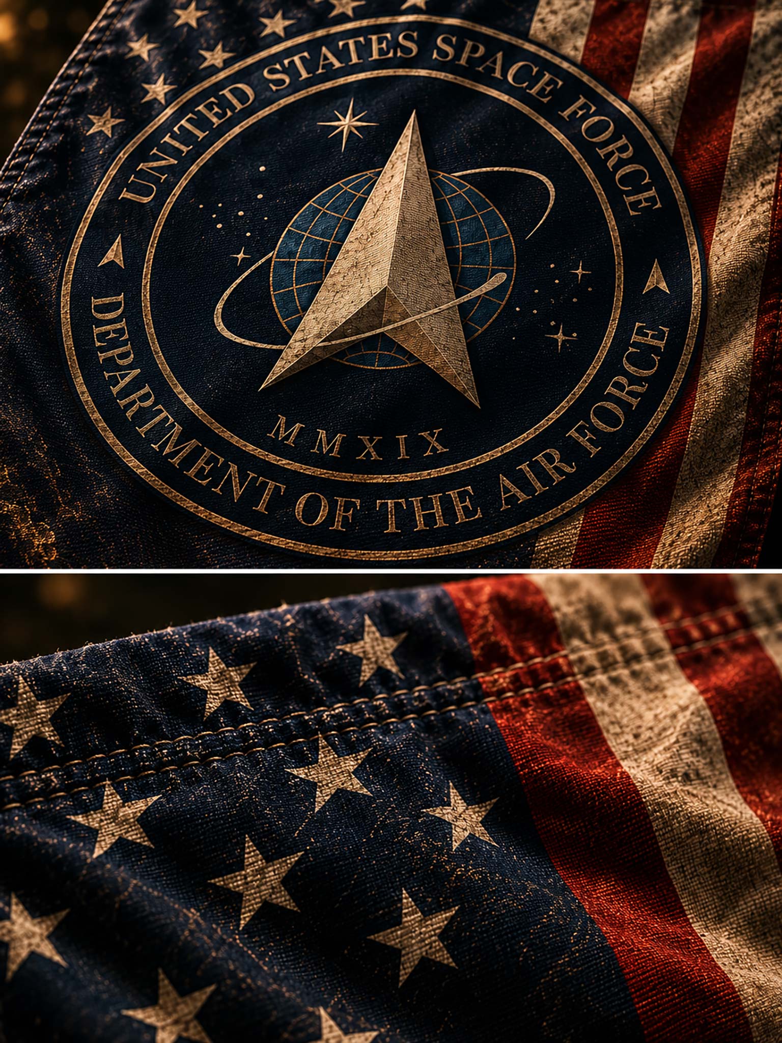 Close-up of a distressed American flag textile with a large circular United States Space Force emblem stitched or printed over the stars field. The emblem reads 'United States Space Force Department of the Air Force' with 'MMXIX' below, and the flag shows navy blue, tan, red, and off-white weathered details.