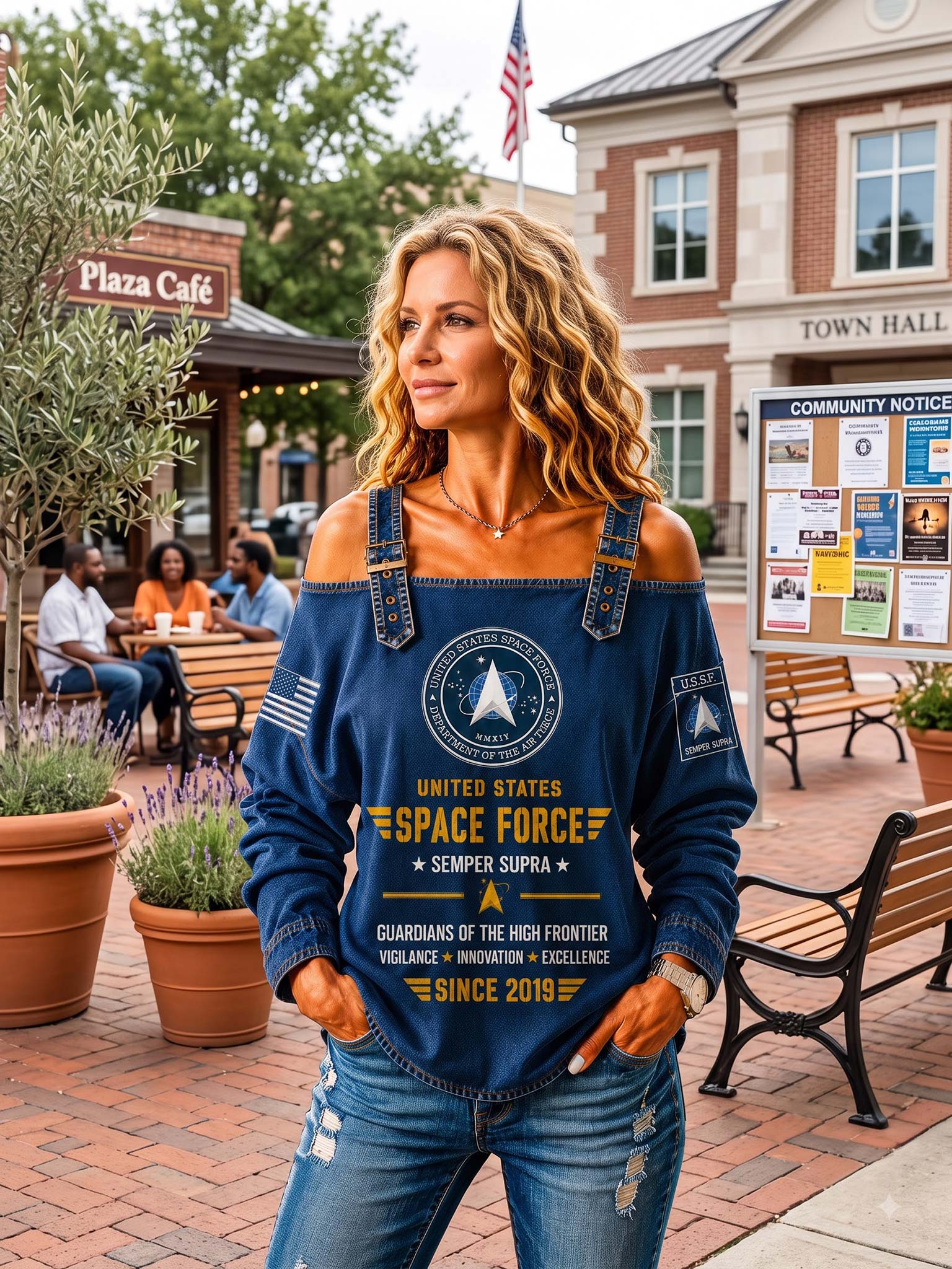 A woman stands outdoors in a town square wearing a navy blue off-the-shoulder graphic sweatshirt with 'United States Space Force' printed on the front, paired with blue jeans.