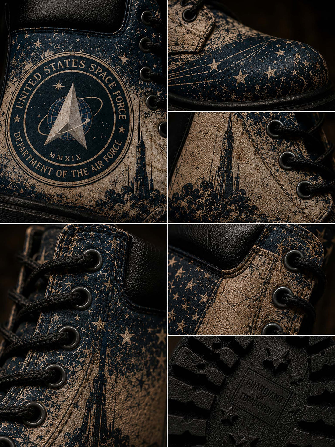 A pair of distressed navy blue lace-up boots with a vintage Star Trek 'United States Space Force' theme, displayed inside a brown cardboard box with tissue paper. A hand is holding the boot on the left side.