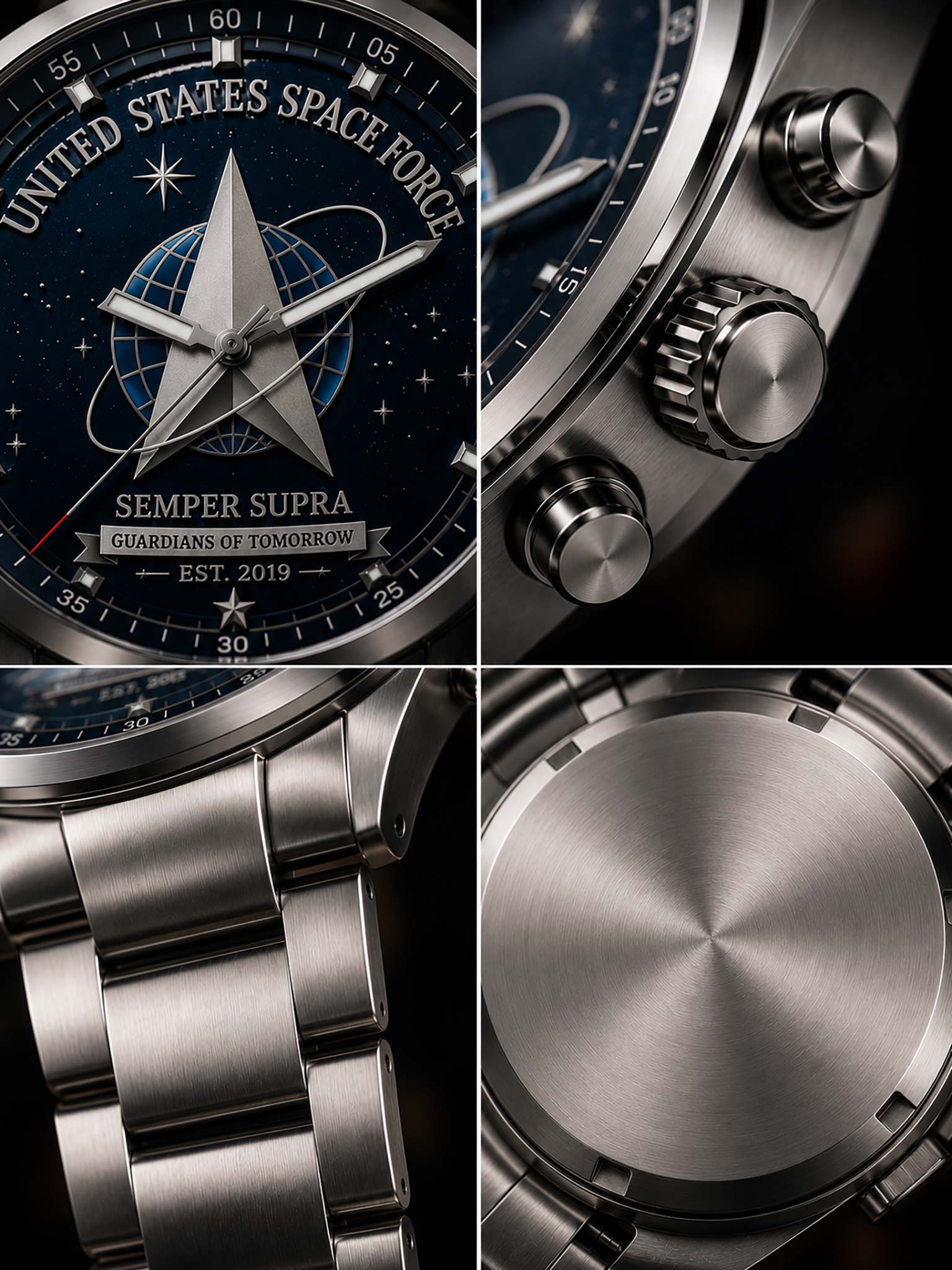 A close-up collage of a stainless steel wristwatch with a dark blue space-themed dial featuring a white compass star and the text 'United States Space Force' and 'Semper Supra'. The panels show the dial, side buttons, bracelet, and brushed metal case back.