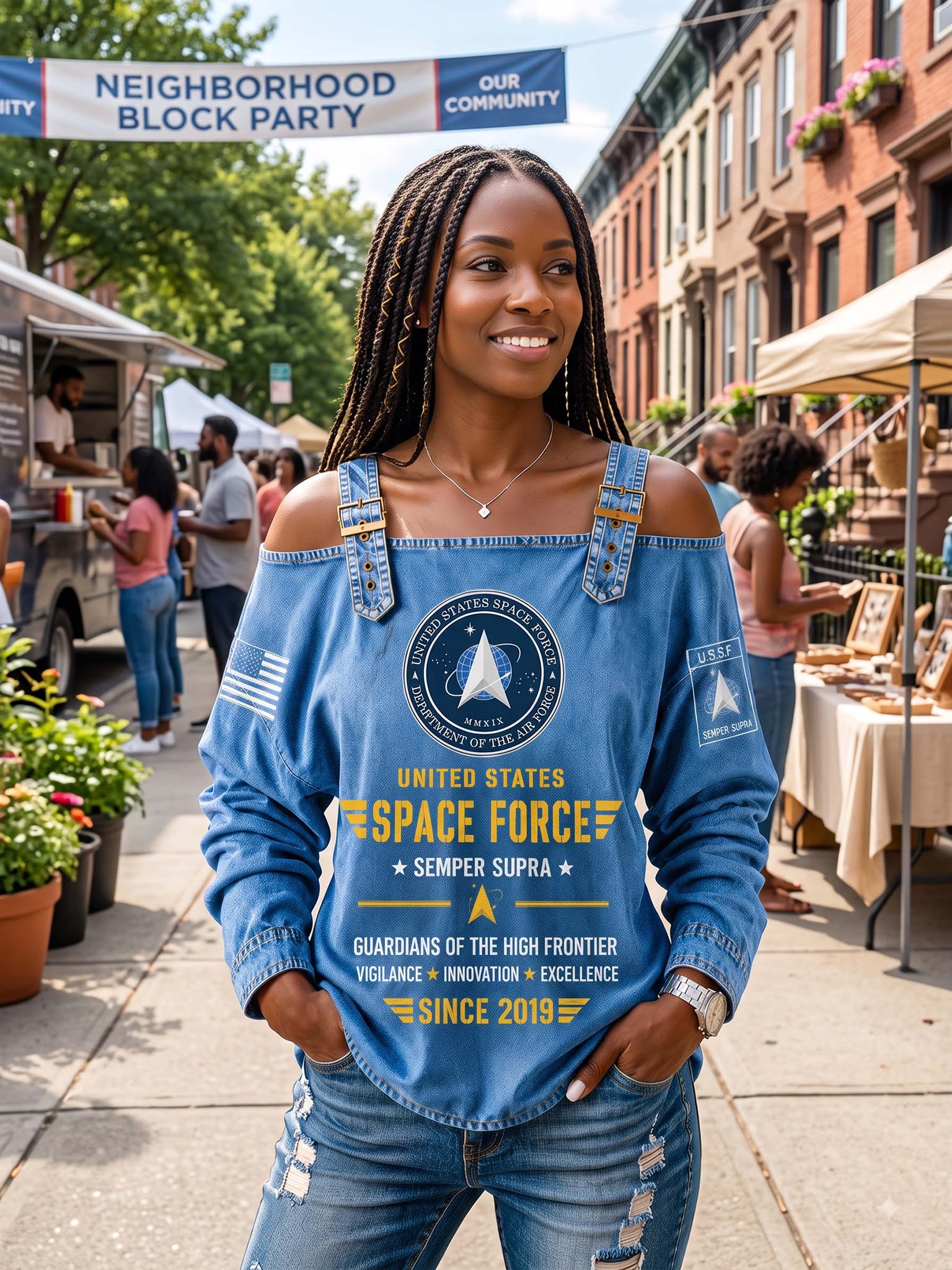 A woman stands outdoors at a street market wearing a light blue denim-style top with a large United States Space Force graphic on the front, paired with matching blue jeans. The top has decorative trim at the shoulders and sleeves, and the front features a circular Space Force emblem and yellow text reading 'United States Space Force' and 'Semper Supra.