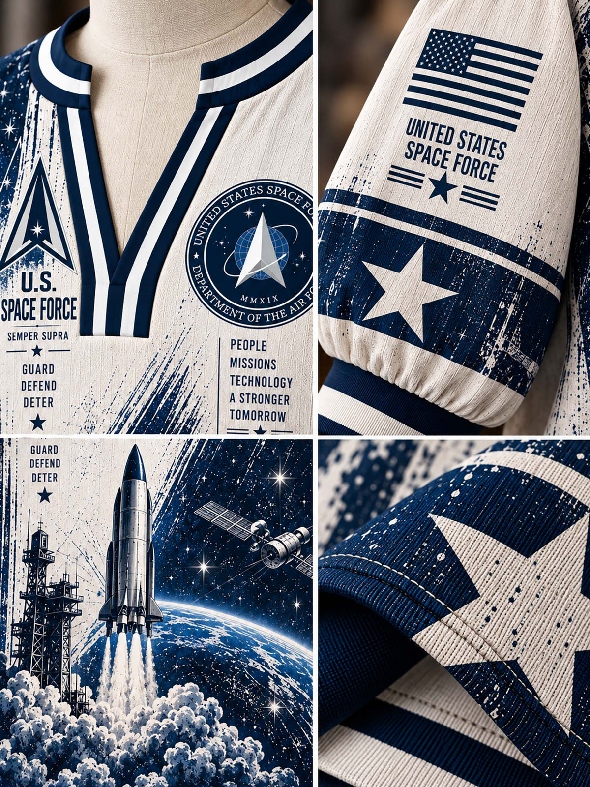 A close-up collage of a navy and off-white United States Space Force themed garment, showing the chest emblem, sleeve with printed flag and text, rocket-and-earth graphic, and a star pattern on the fabric.