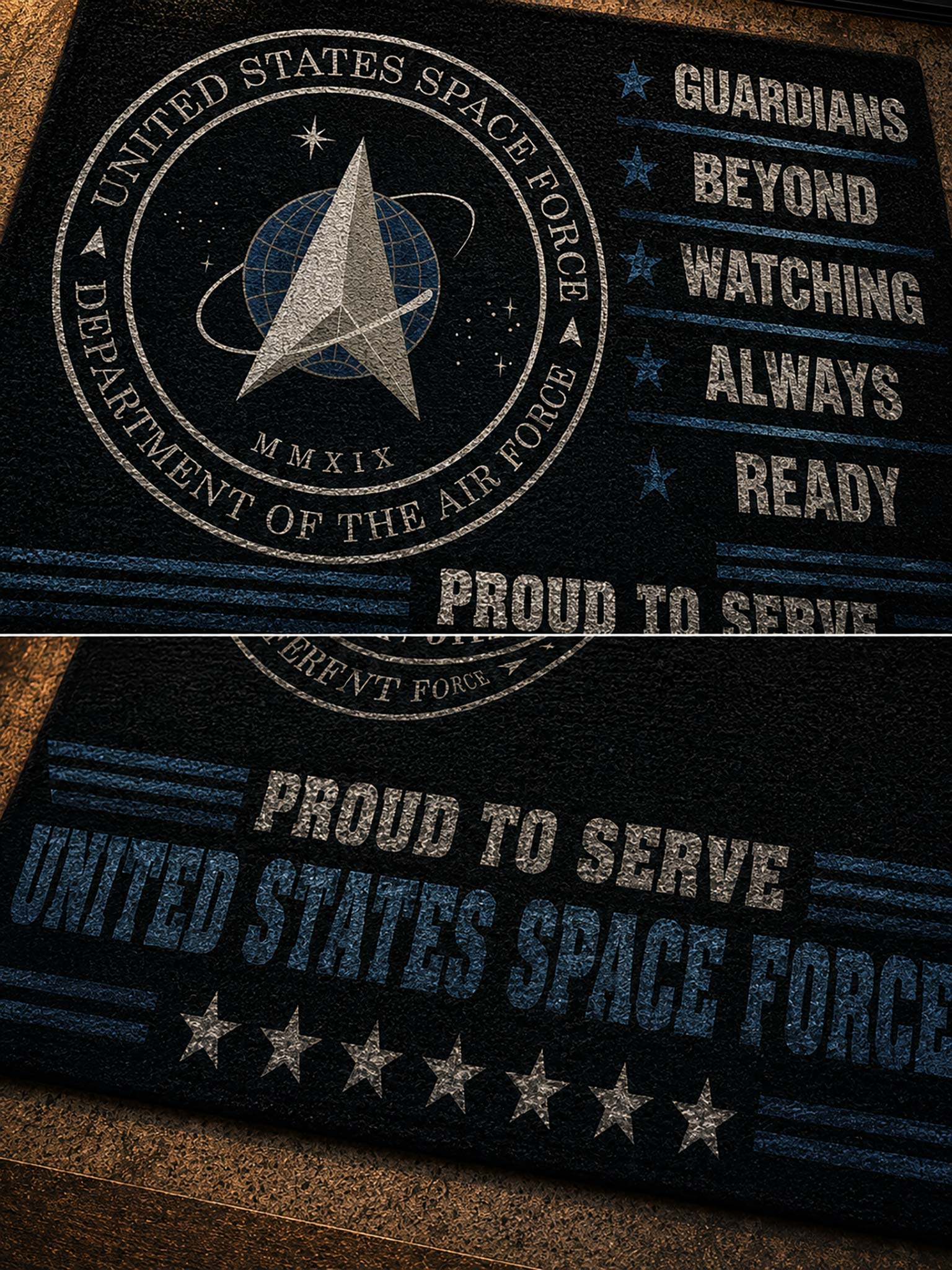 A close-up of a dark textured mat or rug featuring United States Space Force graphics and text, including the circular emblem, stars, stripes, and the words 'PROUD TO SERVE' and 'UNITED STATES SPACE FORCE'.