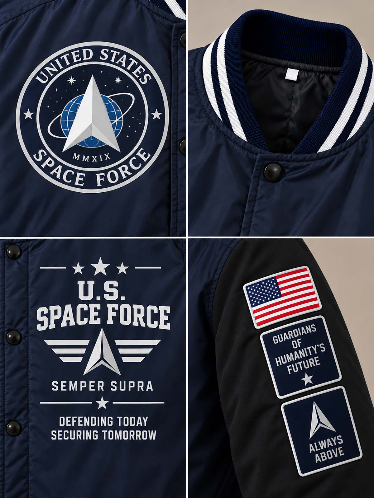 A navy blue varsity-style jacket shown in a four-panel close-up layout. The panels highlight a large circular United States Space Force emblem on the chest, the ribbed collar with white stripes, the front snap closure, and a sleeve patch area featuring an American flag patch and two white text patches reading 'Guardians of Humanity's Future' and 'Always Above'.