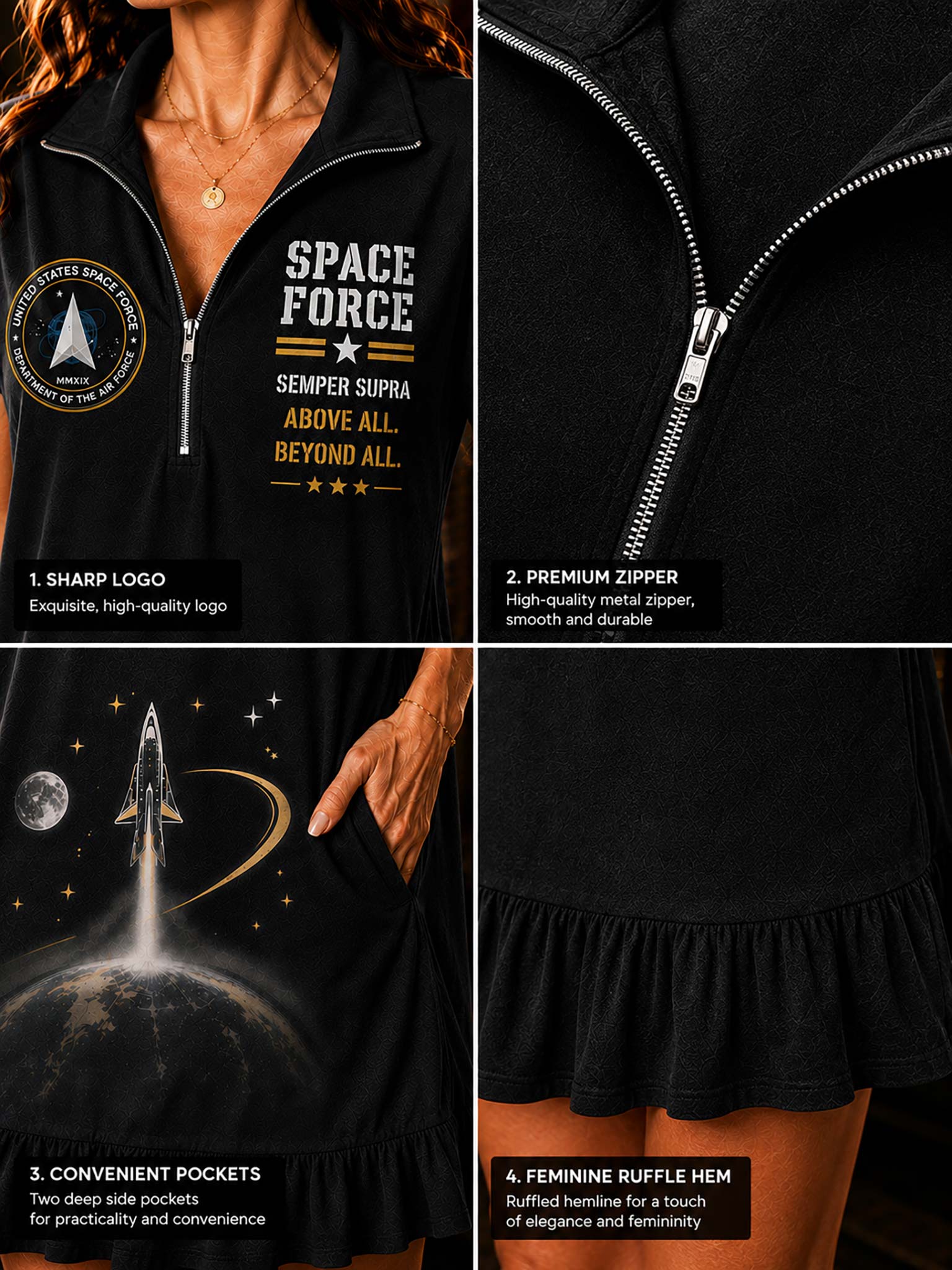 A black women's zip-front dress or longline top shown in a four-panel feature collage. The panels highlight a white and gold 'SPACE FORCE' logo, a premium metal zipper, convenient side pockets, and a ruffled hem.