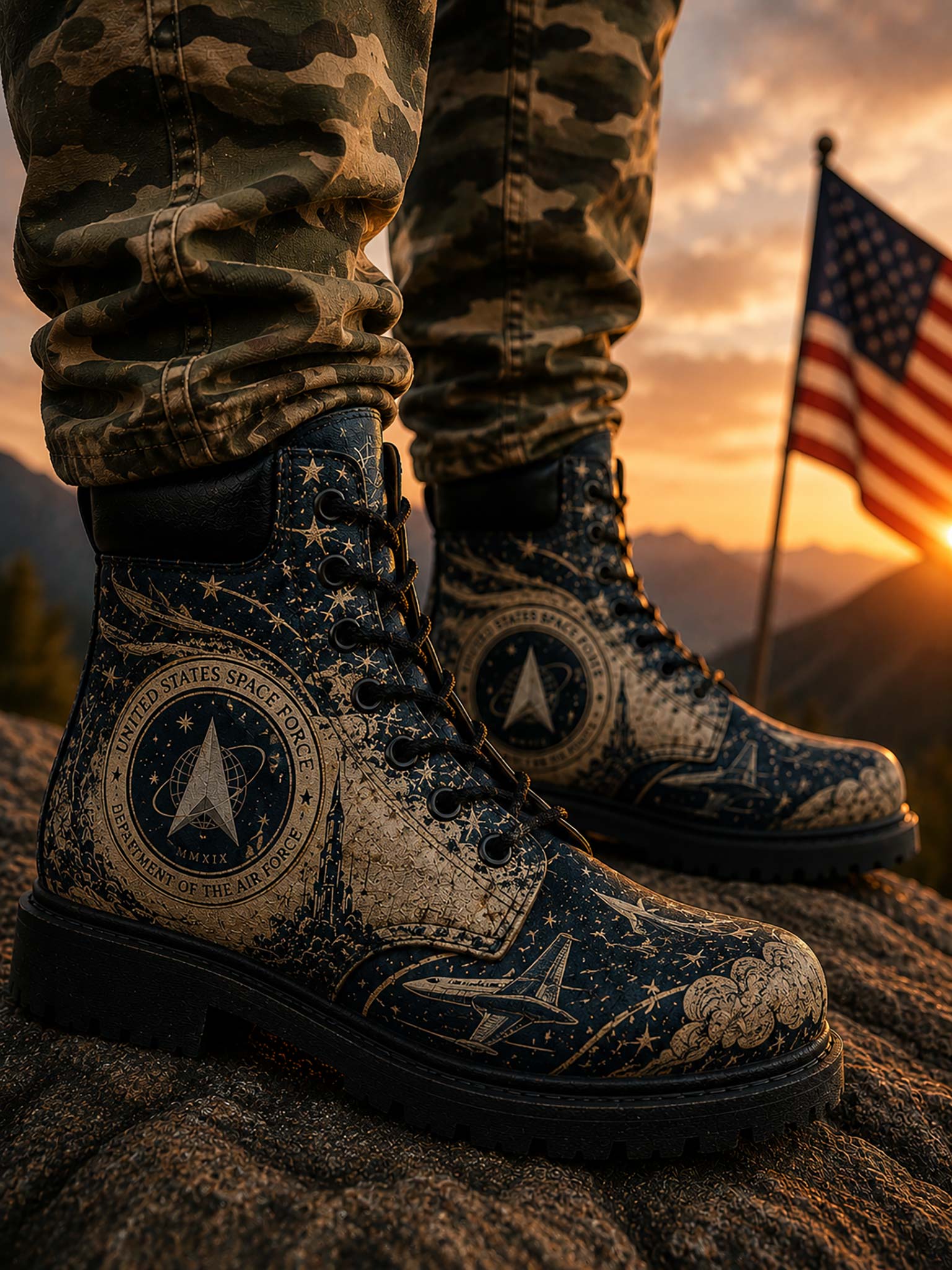 A close-up lifestyle shot of a person wearing military-style combat boots with a distressed navy blue and beige space-themed graphic print, paired with camouflage pants, standing on a rock with an American flag and a sunset in the background.