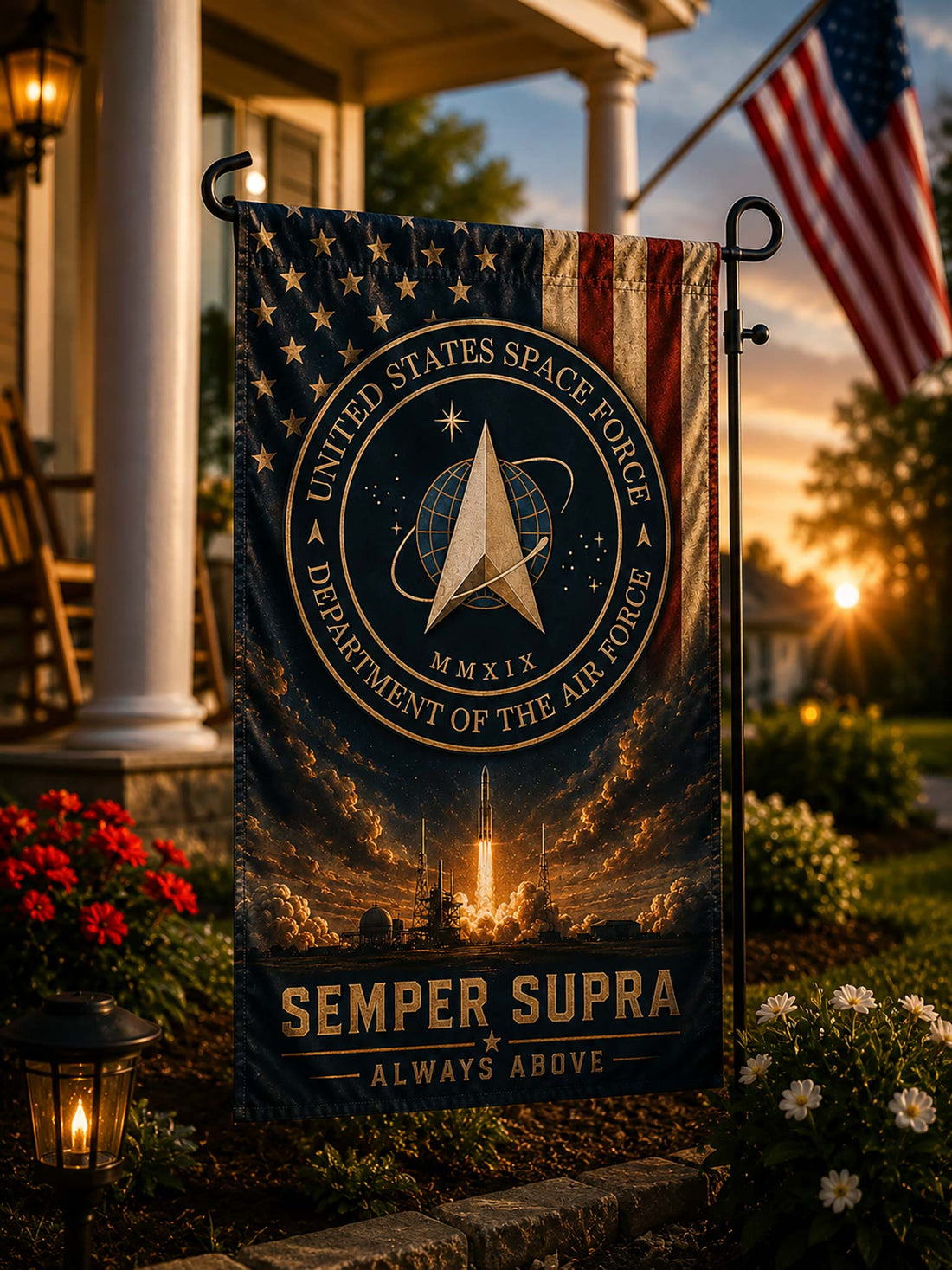 A vertical garden flag displayed on a black metal stand in a cemetery. The flag features the United States Space Force seal over an American flag and a rocket launch scene, with the text 'SEMPER SUPRA' and 'ALWAYS ABOVE' at the bottom.