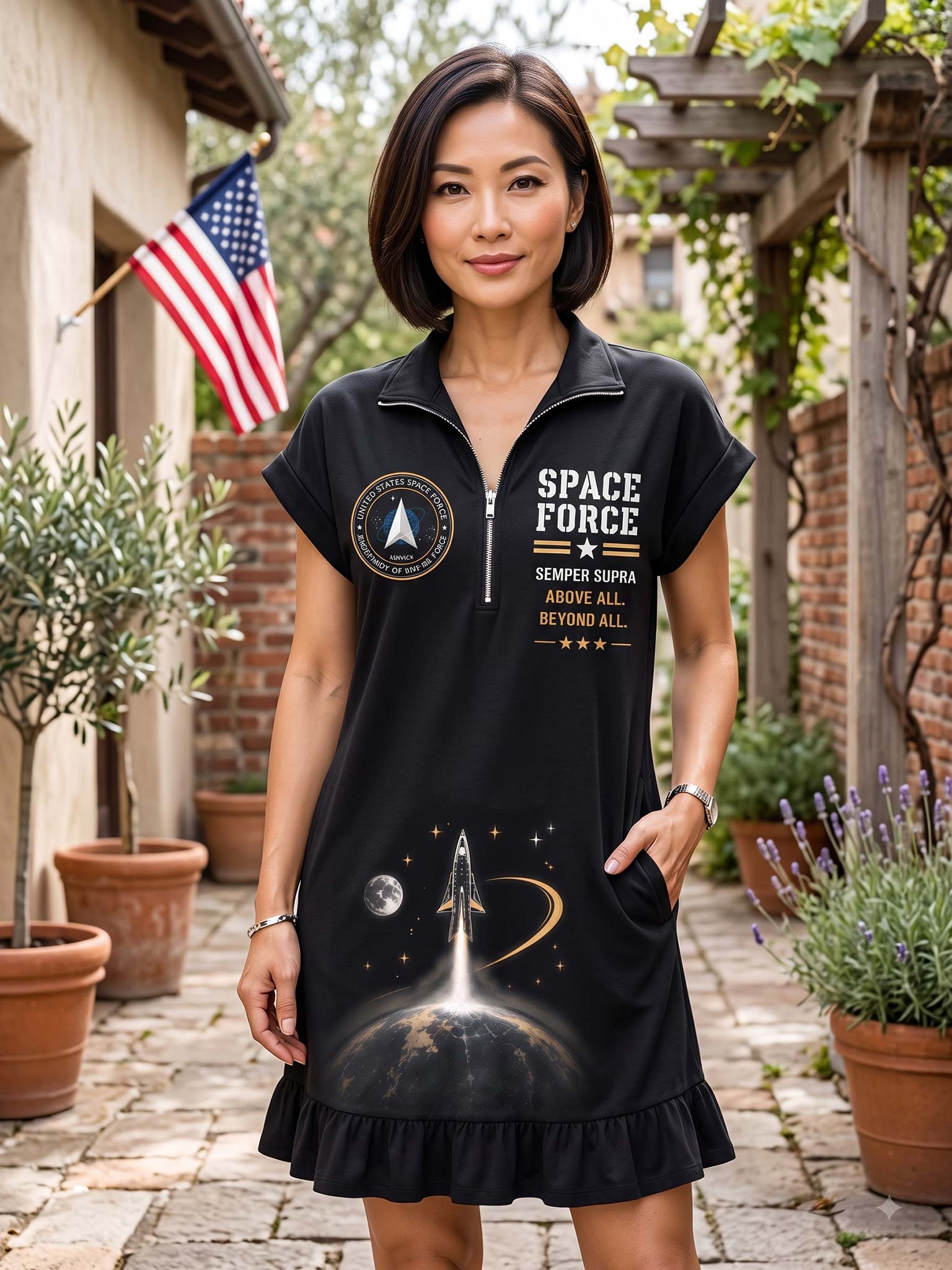 A woman wearing a black short-sleeve dress with a half-zip collar, featuring a 'SPACE FORCE' graphic and a rocket launching from Earth, standing in an outdoor garden courtyard.