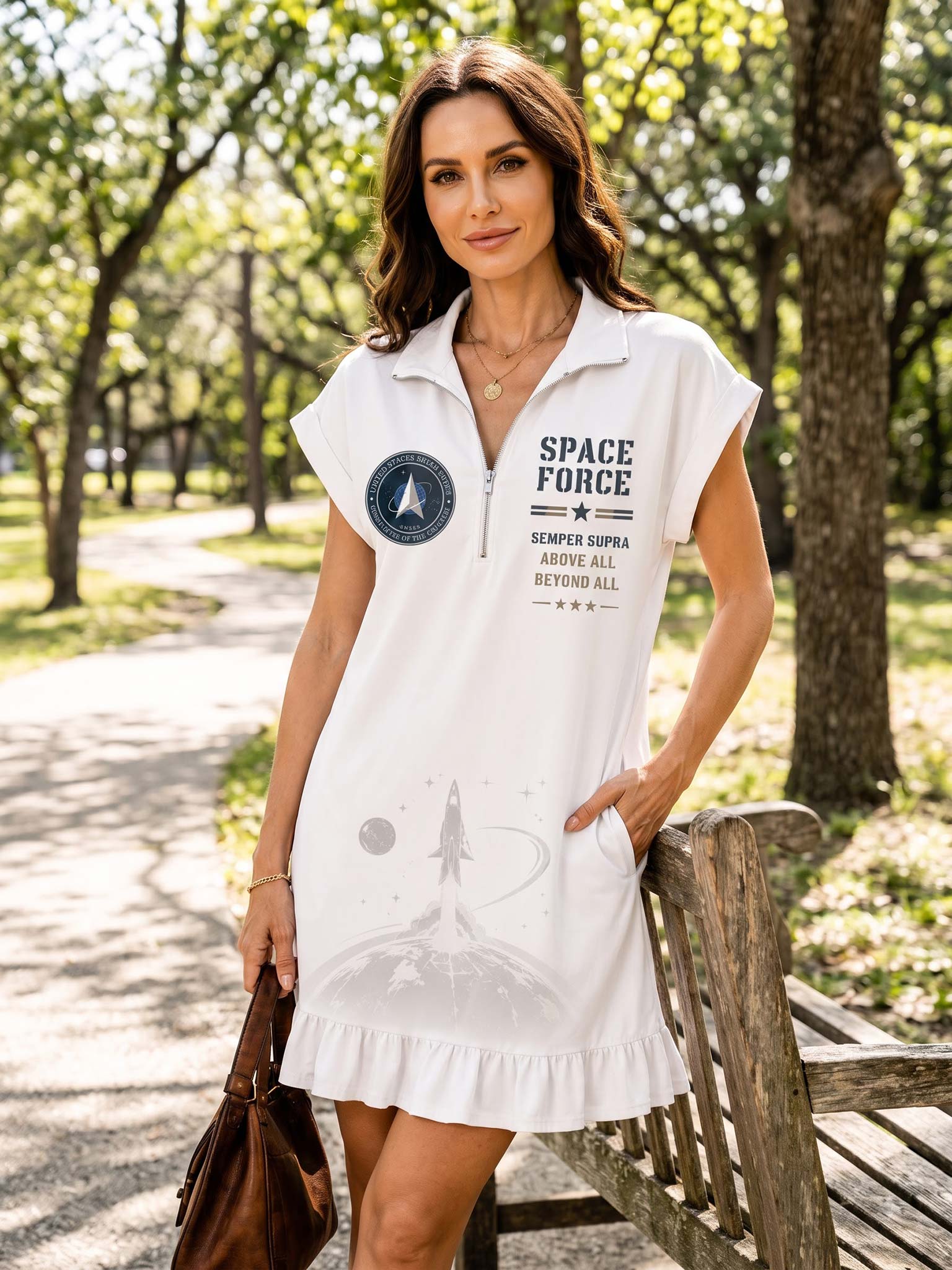 A woman wearing a white short-sleeve collared dress with a 'SPACE FORCE' graphic stands on a park bench in a wooded area.