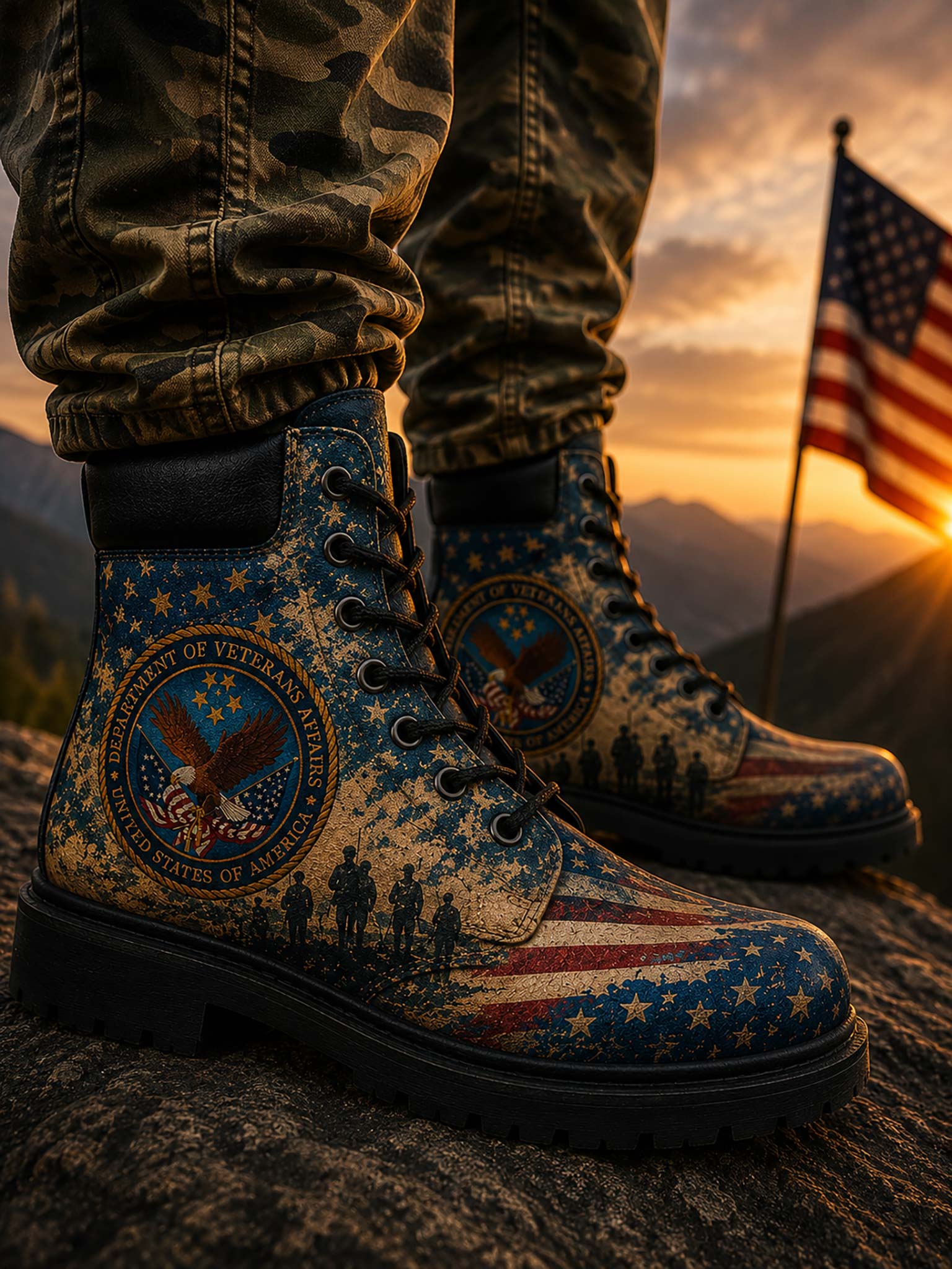 A close-up of a person wearing camouflage pants and a pair of distressed military-style boots with an American flag and Department of Veterans Affairs emblem, standing outdoors on a rock at sunset with an American flag in the background.