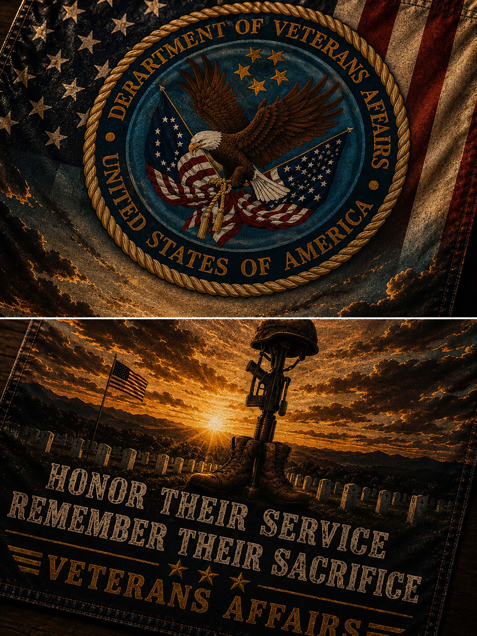 A close-up of a patriotic Veterans Affairs themed fabric design, shown in two stacked panels. The top panel features the circular Department of Veterans Affairs seal over an American flag background.