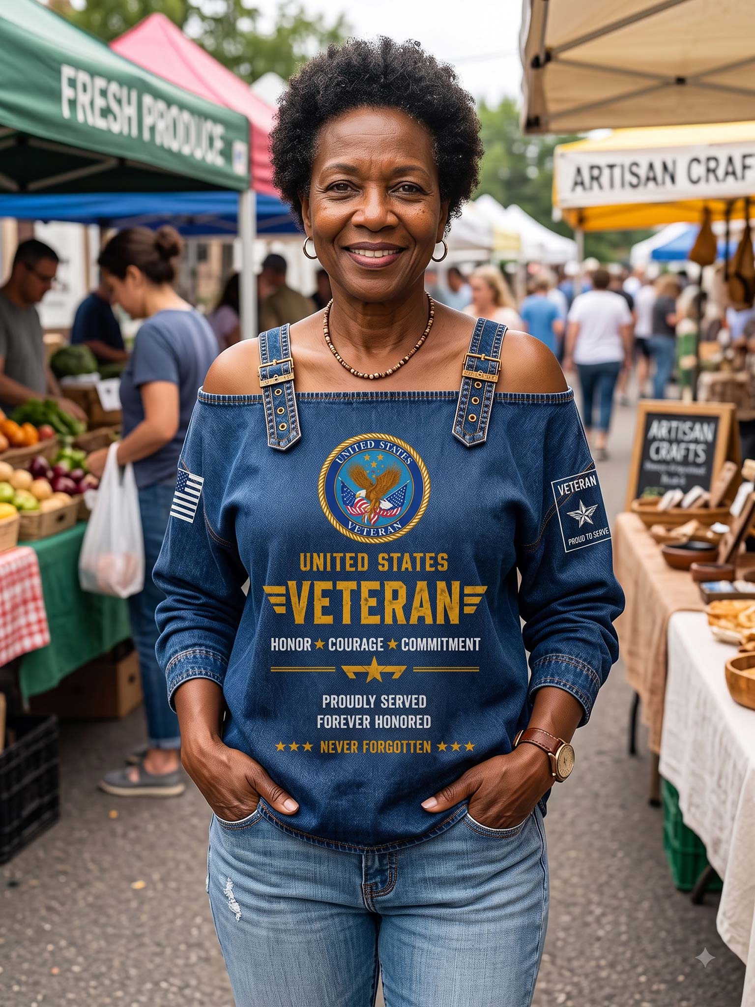 A smiling woman stands at an outdoor farmers market wearing a blue off-the-shoulder long-sleeve top with a 'United States Veteran' graphic on the front, paired with light blue jeans.