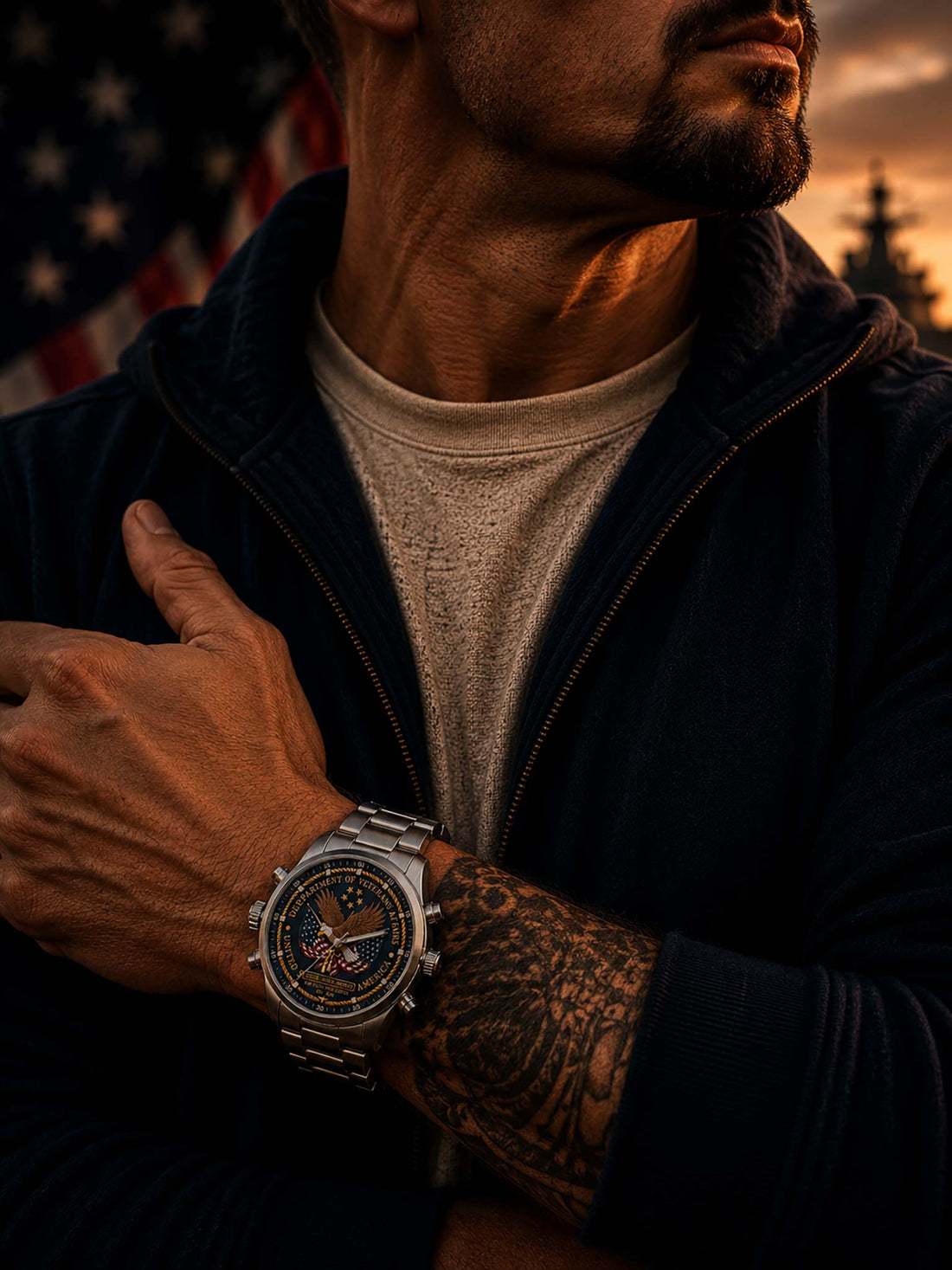 A stainless steel military-style watch with a blue dial featuring the Department of Veterans Affairs eagle emblem, stars, and American flag elements, set against a blurred American flag background on a wooden surface.