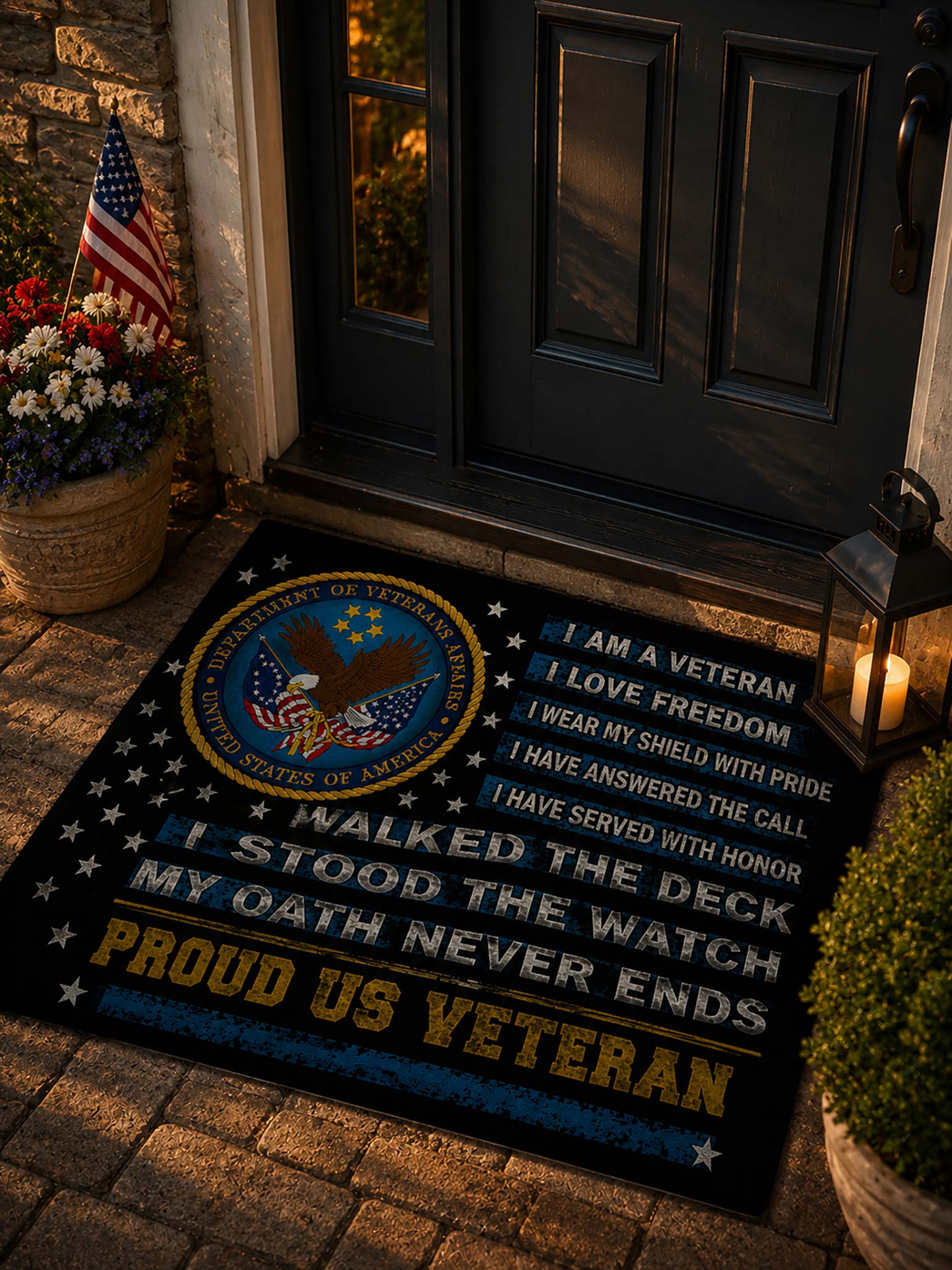 A patriotic veteran doormat displayed in front of a dark front door on a stone walkway. The mat features the U.