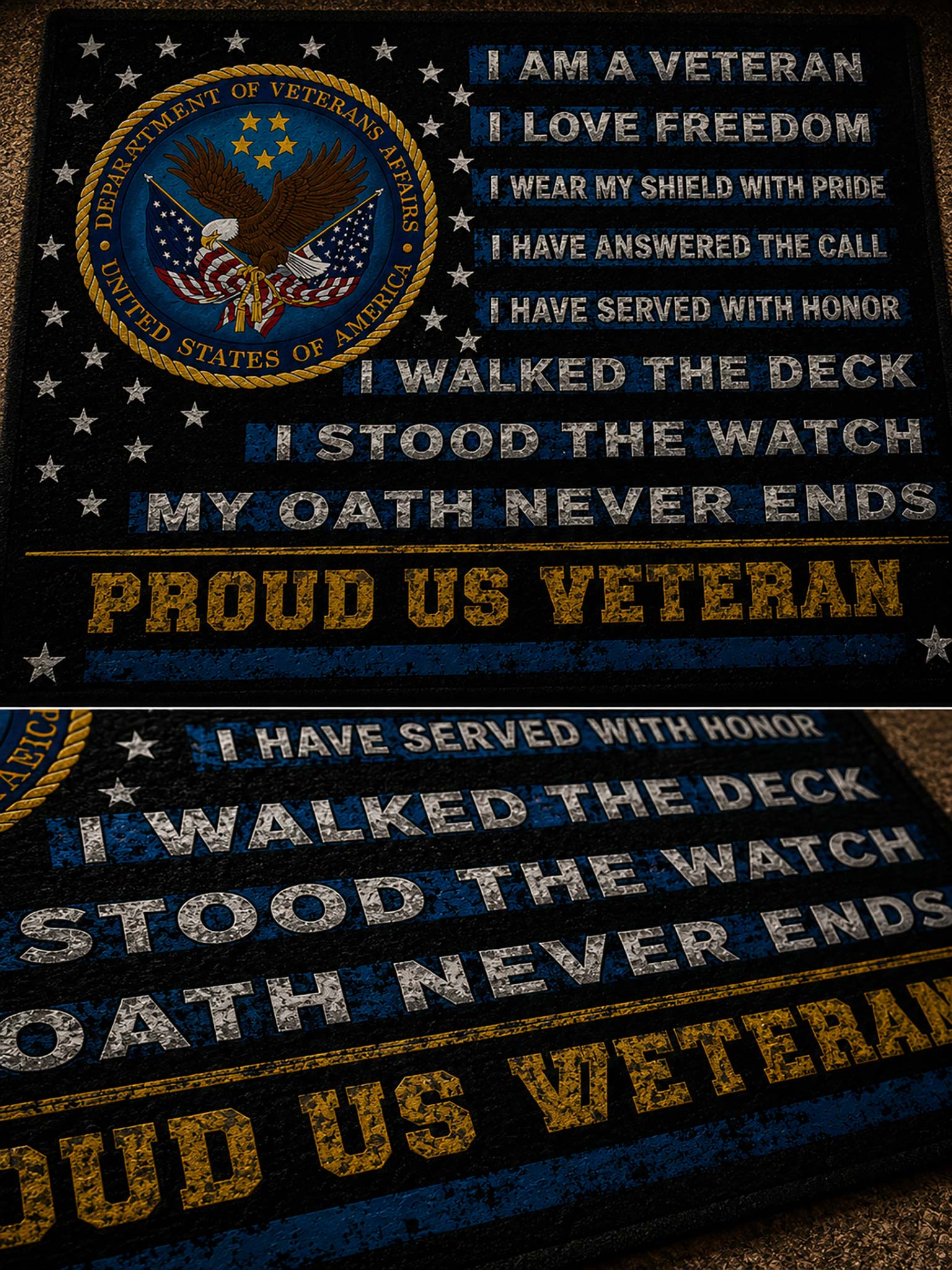 A close-up of a black Veterans Day mat or rug featuring a U.S.