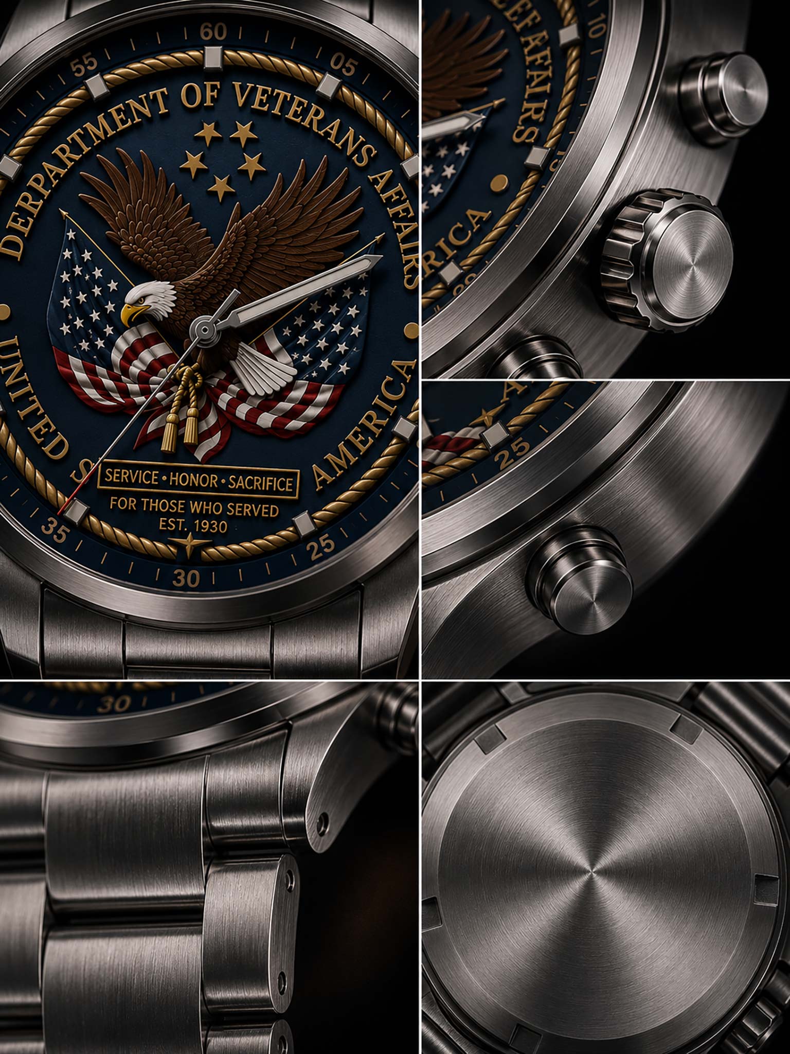 A close-up collage of a military-style wristwatch with a dark blue dial featuring an eagle, American flag, and 'Department of Veterans Affairs' text, alongside brushed metal bracelet and case details on a black background.