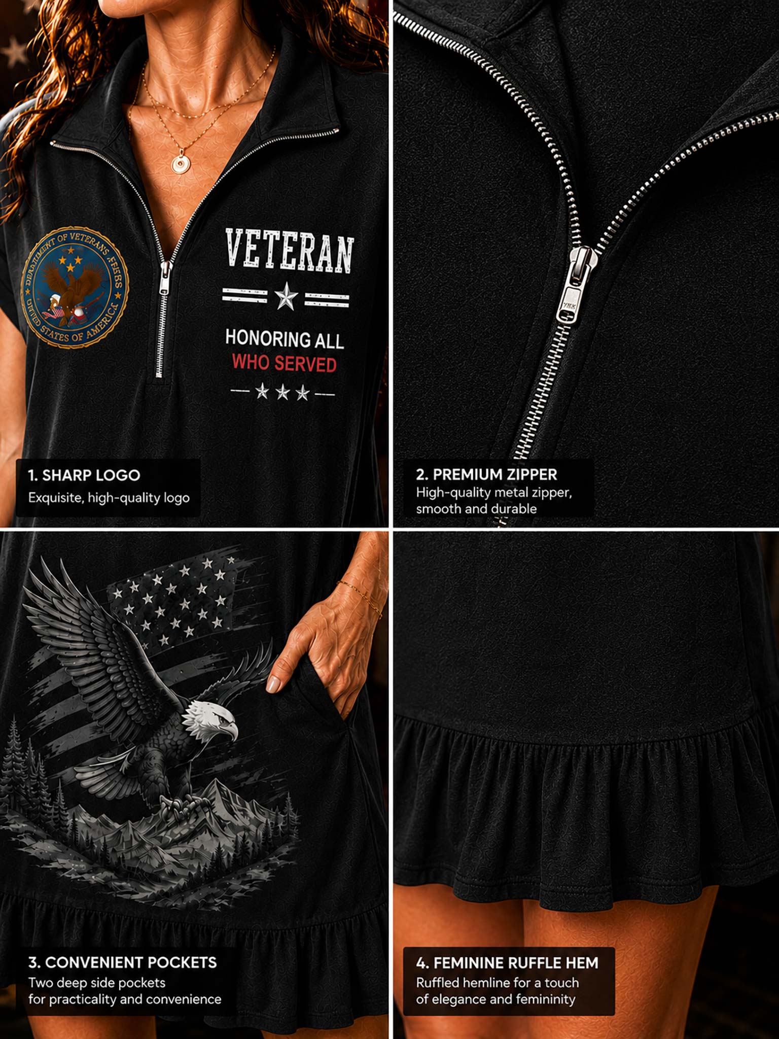 A black women's zip-front top shown in a four-panel detail collage. The top features a partial front view with a printed white and red 'VETERAN HONORING ALL WHO SERVED' graphic, a circular emblem on the chest, a large eagle and American flag graphic on the front pocket area, and close-up views of the zipper, hem, and side pockets.
