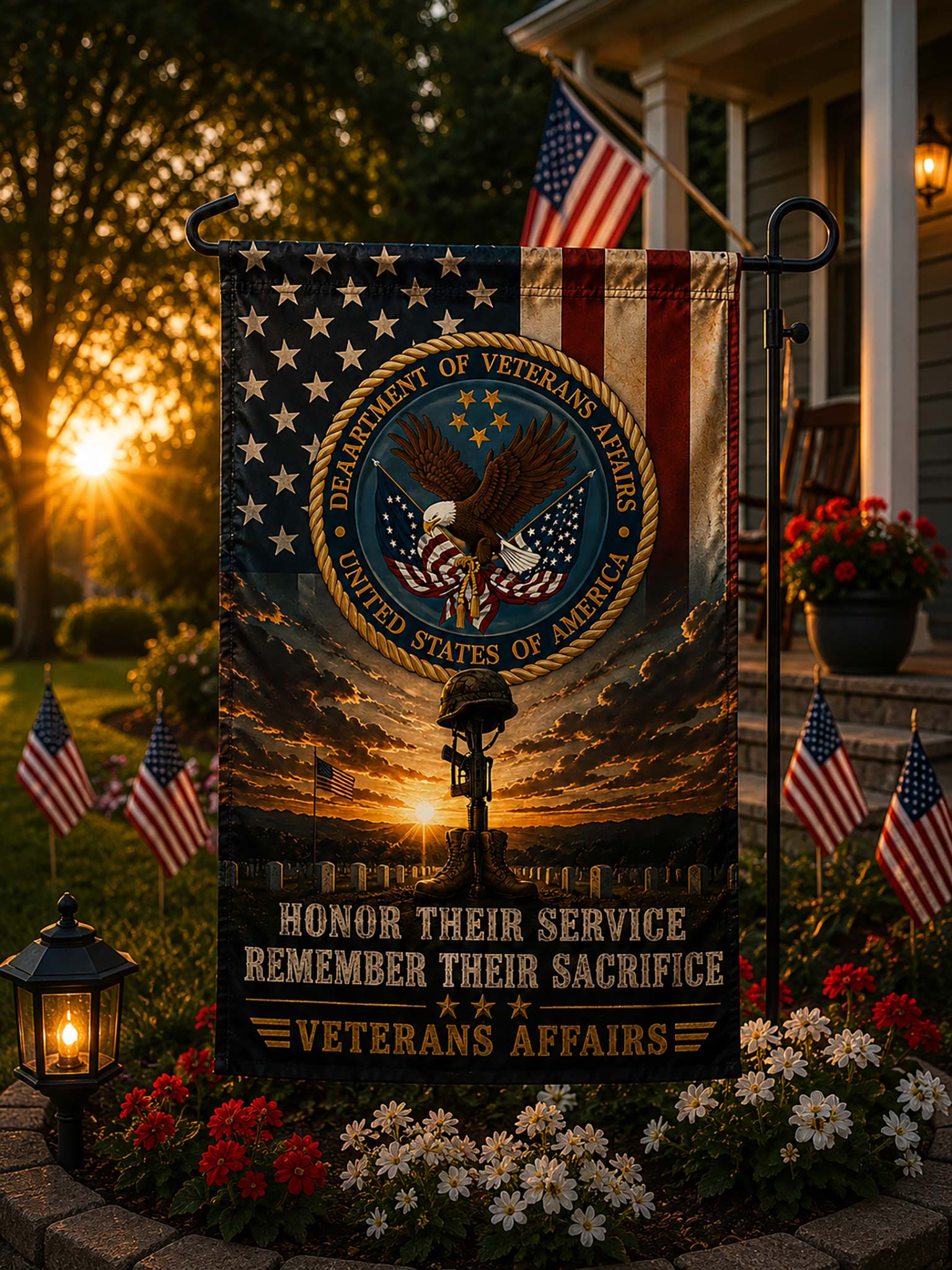 A decorative garden flag displayed on a black metal stand in a front yard at sunset. The flag features the Department of Veterans Affairs seal, an eagle, and the text 'HONOR THEIR SERVICE REMEMBER THEIR SACRIFICE' with 'VETERANS AFFAIRS' at the bottom.