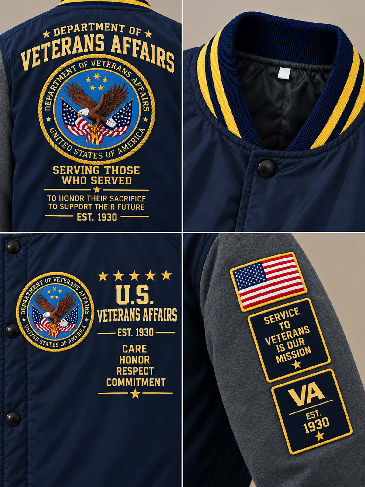 A navy blue varsity-style jacket shown in four close-up panels highlighting the back, collar, front chest patch, and sleeve patch. The jacket has yellow and white embroidered details, including the Department of Veterans Affairs seal, 'U.