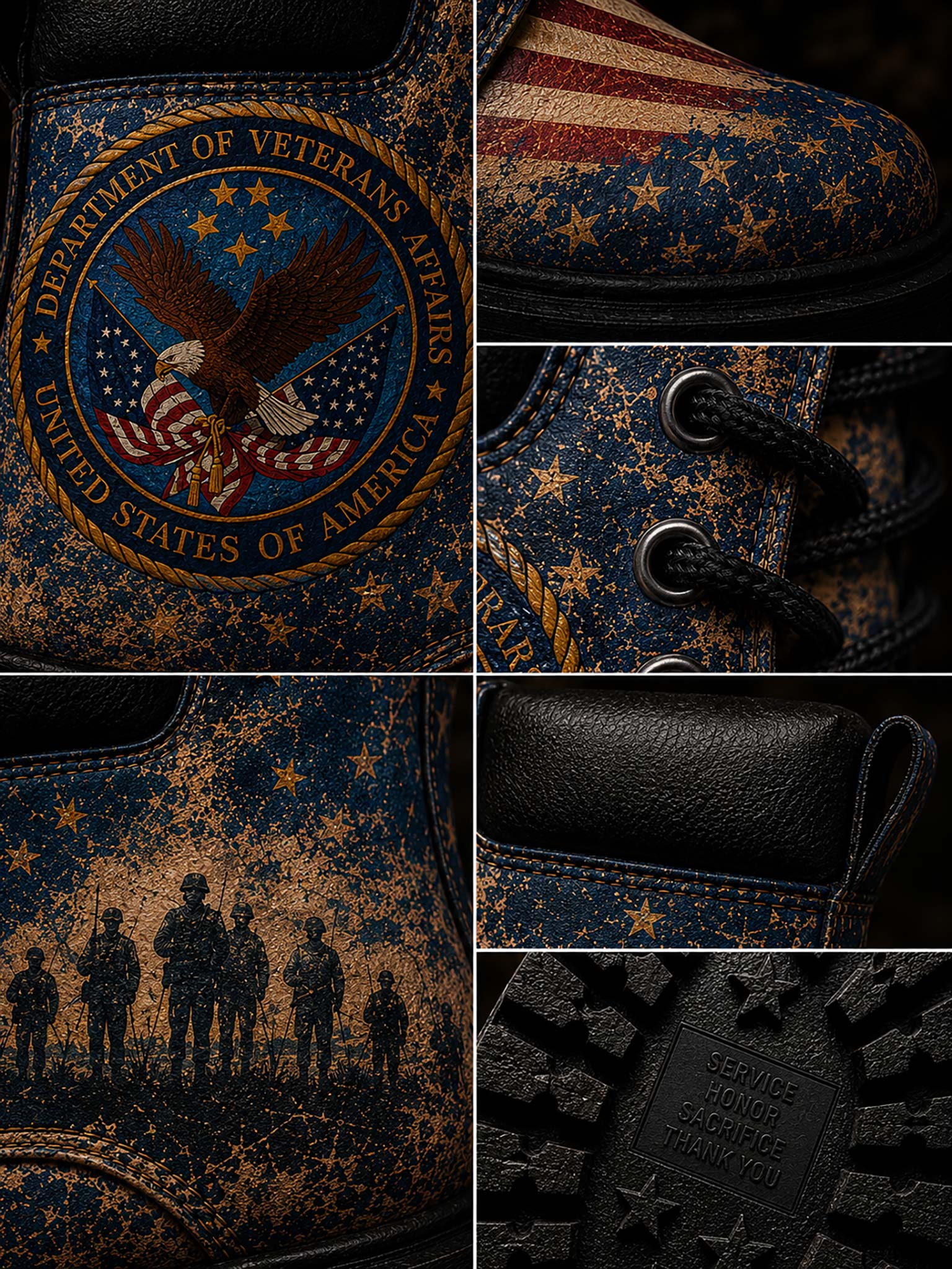 A six-panel close-up collage of a single boot, showing the Department of Veterans Affairs America emblem patch, an American flag pattern, laces, a black-and-gold silhouette graphic, a black leather heel, and a treaded sole with 'Service Above Self' text.