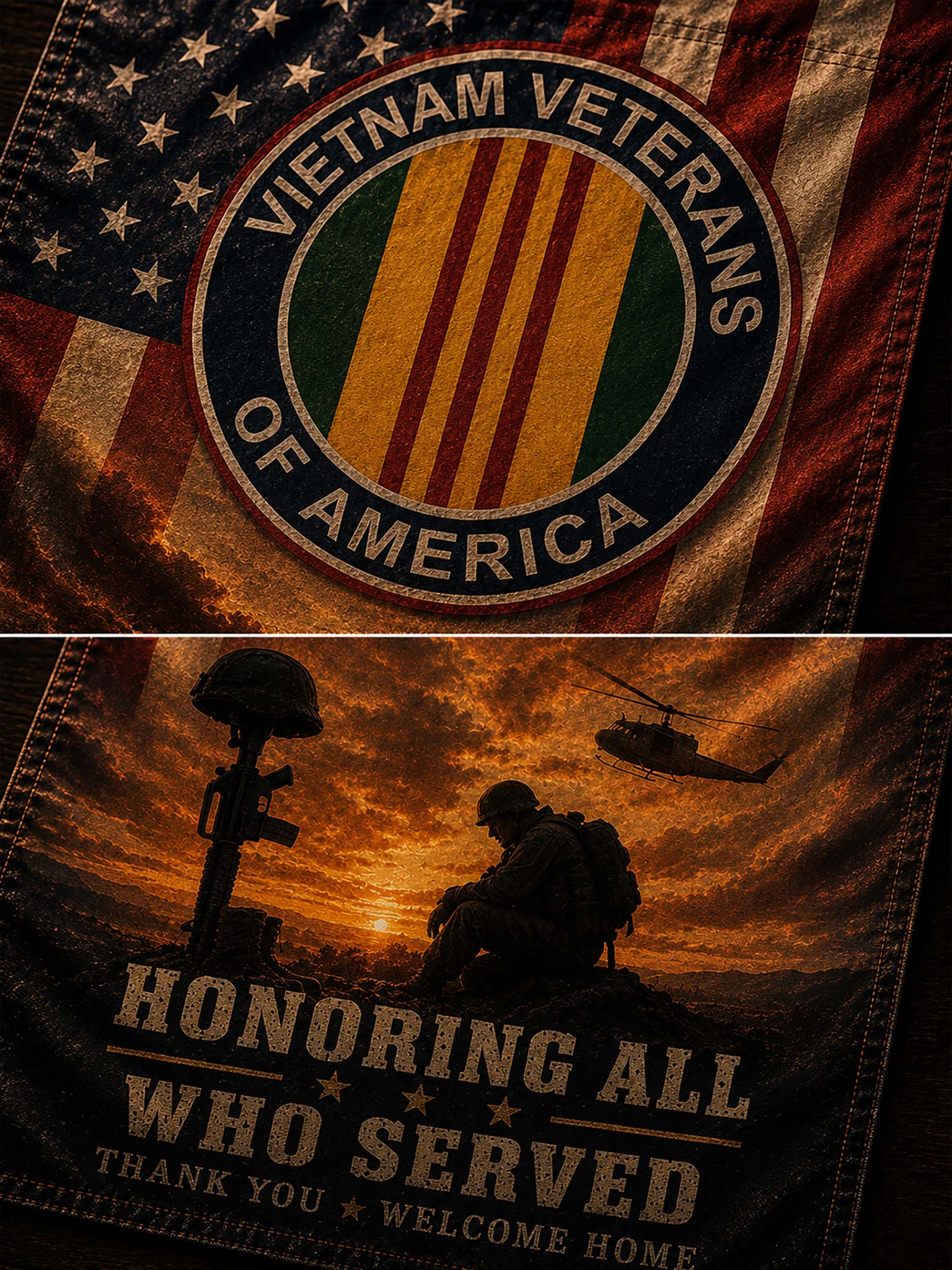 A distressed patriotic fabric design featuring a large circular Vietnam Veterans of America emblem over an American flag background, with a lower section showing a soldier silhouette at sunset and the text 'HONORING ALL WHO SERVED THANK YOU WELCOME HOME.'.