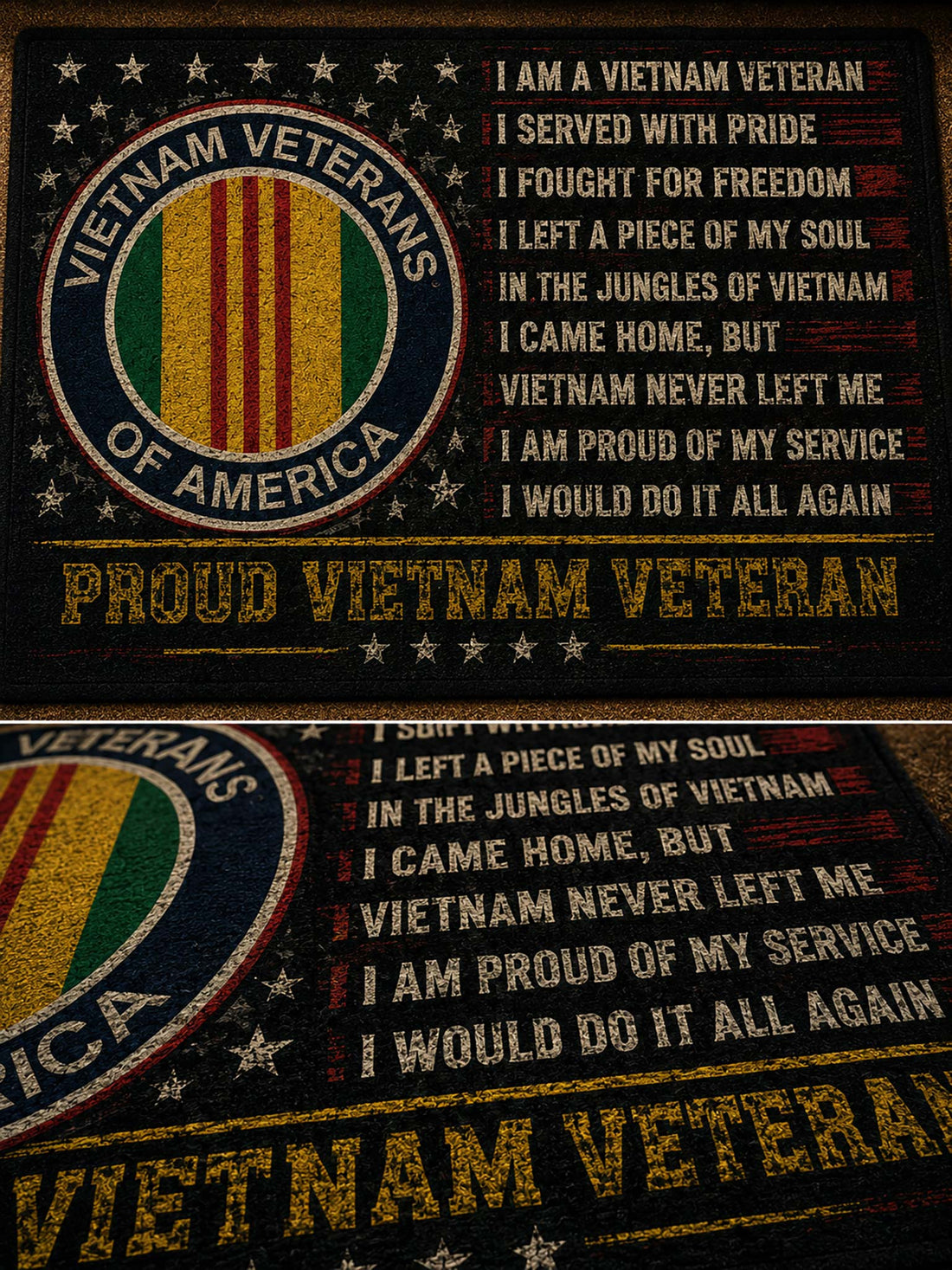 A rectangular doormat with a Vietnam Veterans design, placed on a stone step in front of a glass door. The mat features the Vietnam Veterans emblem on the left and a printed patriotic quote on the right, with 'PROUD VIETNAM VETERAN' written at the bottom.