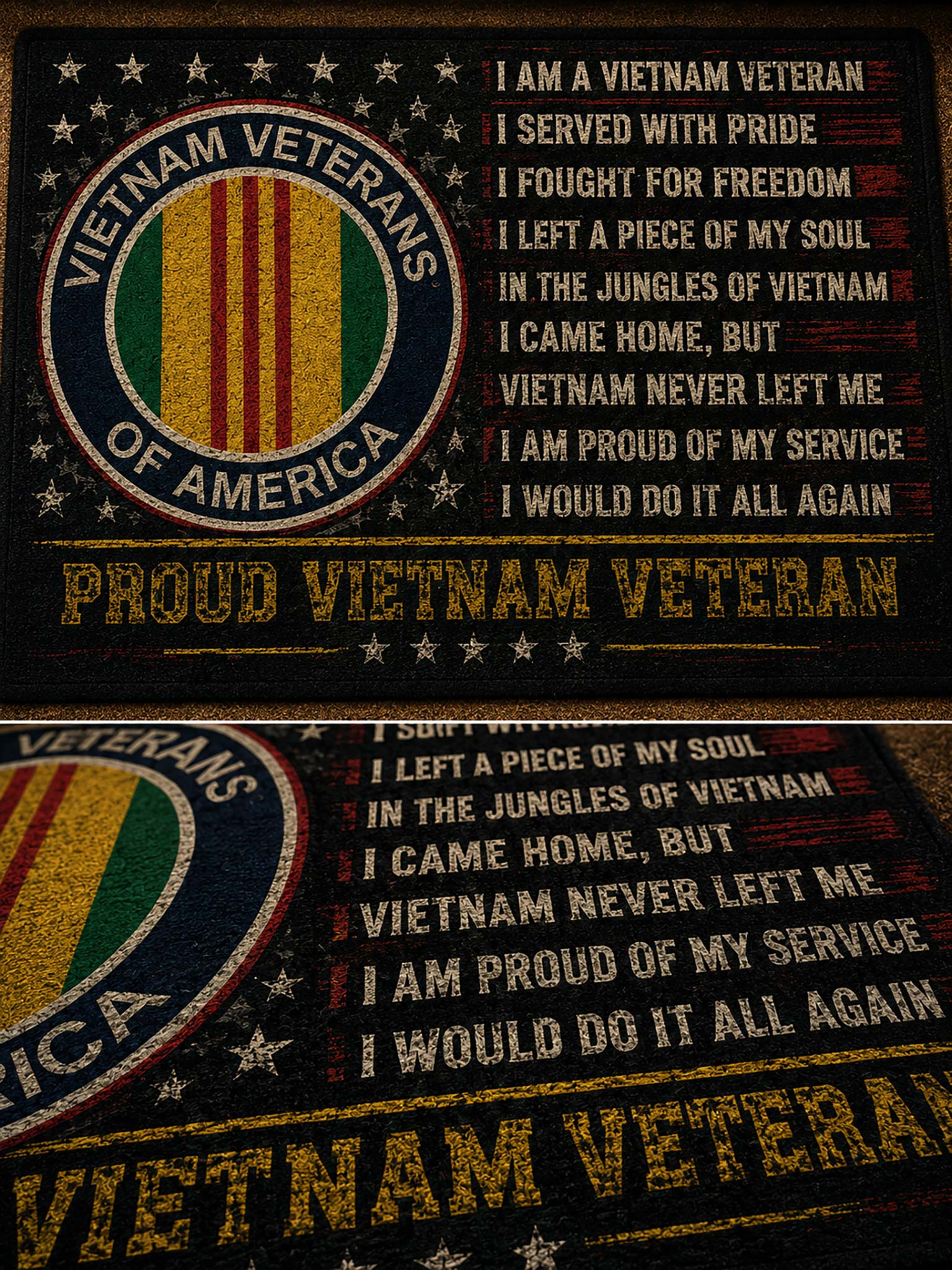 A close-up of a Vietnam Veterans of America themed fabric design, showing a circular emblem with the American flag colors and a quote printed on a dark background.