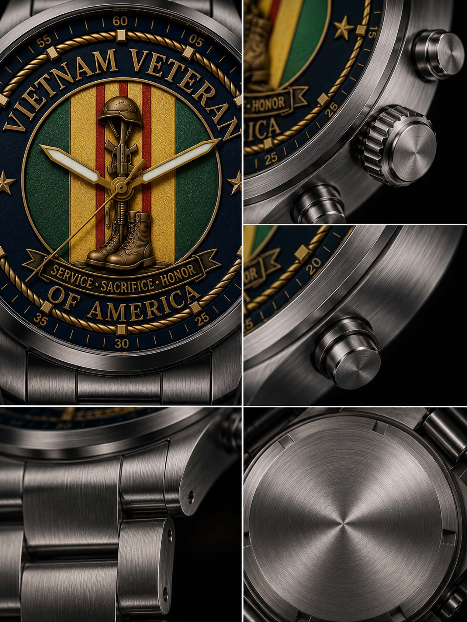 Close-up collage of a stainless steel watch with a Vietnam Veteran emblem dial, showing the face, side buttons, bracelet, and brushed metal case on a dark background.