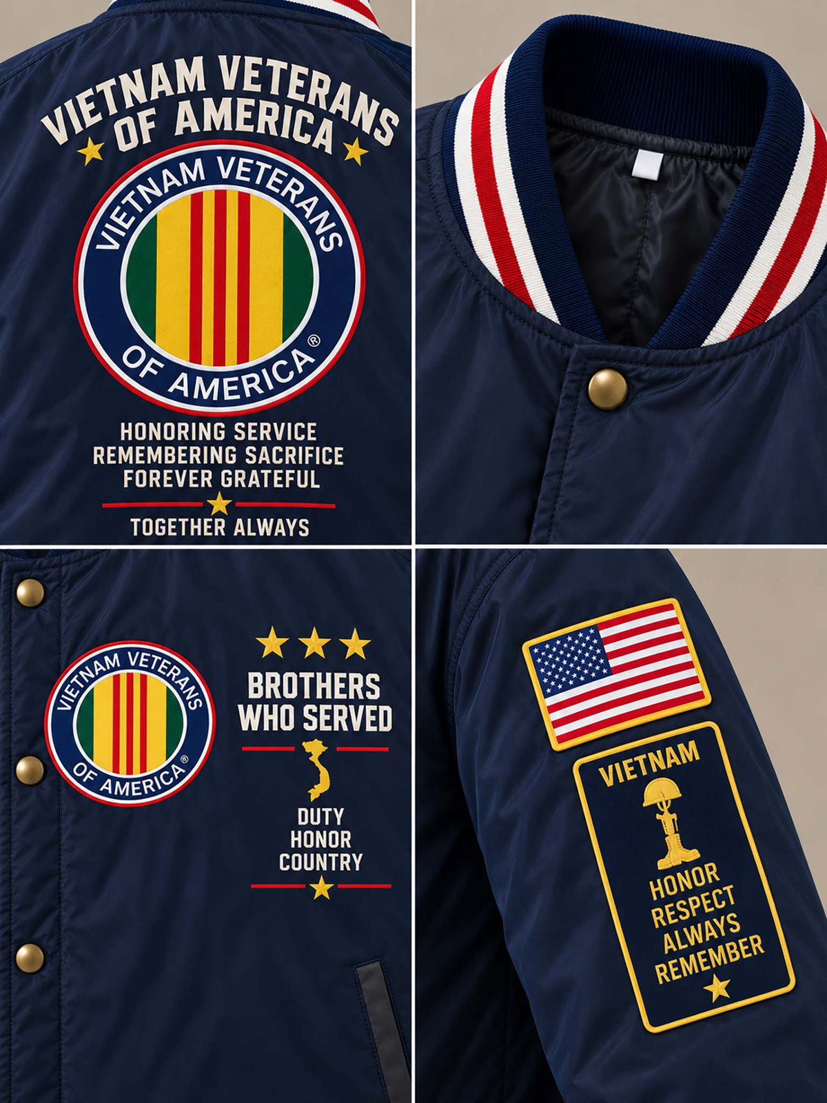Close-up collage of a navy blue Vietnam Veterans of America bomber jacket showing the back, collar, front button placket, and sleeve patches with embroidered American flag and memorial design.