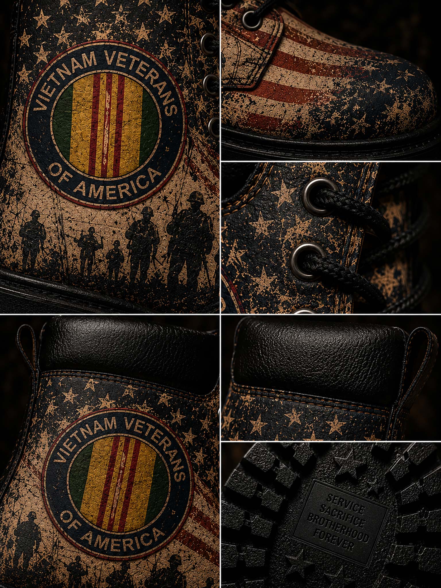A collage of six close-up views of a single boot showing its distressed patriotic design: a large circular 'Vietnam Veterans of America' emblem with a yellow, red, and green shield on a tan star-and-stripe background, black laces, dark leather trim, and a black treaded sole with embossed text.