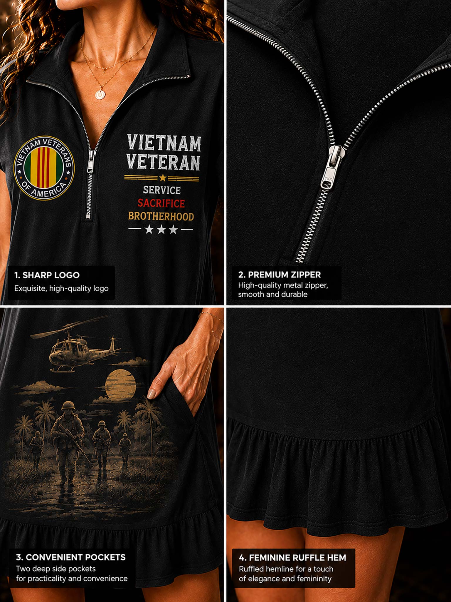 Black women's short-sleeve zip-front top shown in a four-panel close-up layout. The top features a quarter-zip collar, a circular Vietnam Veteran emblem, and a dark graphic print with helicopters and soldiers.
