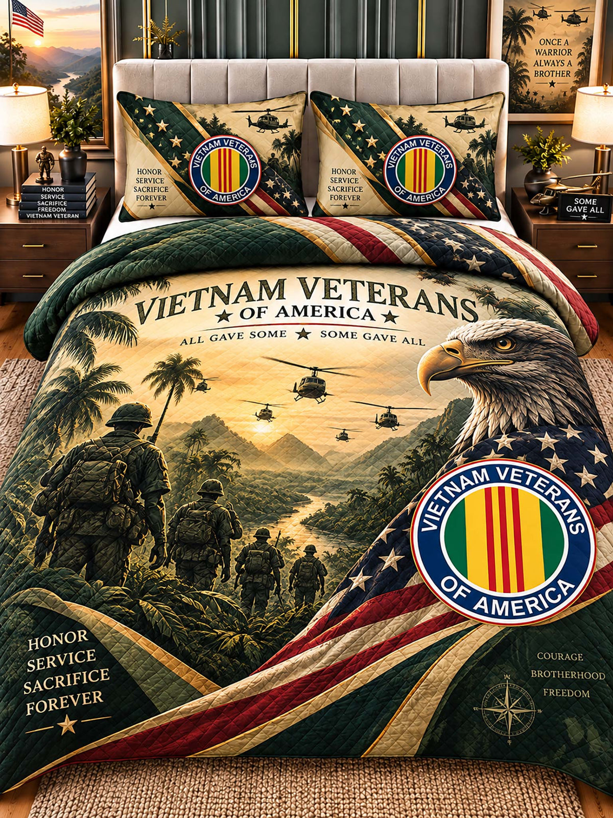 A military-themed bedding set featuring a Vietnam Veterans of America printed comforter and two matching pillow shams in a styled bedroom setting.